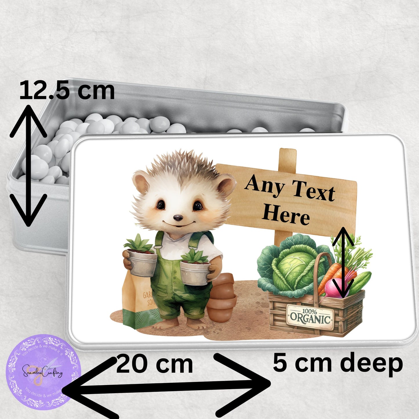 Personalised Hedgehog Gardening Seeds Tin, Garden Seed Storage, Add any name or text, Aluminium metal allotment keepsake, seed kit box