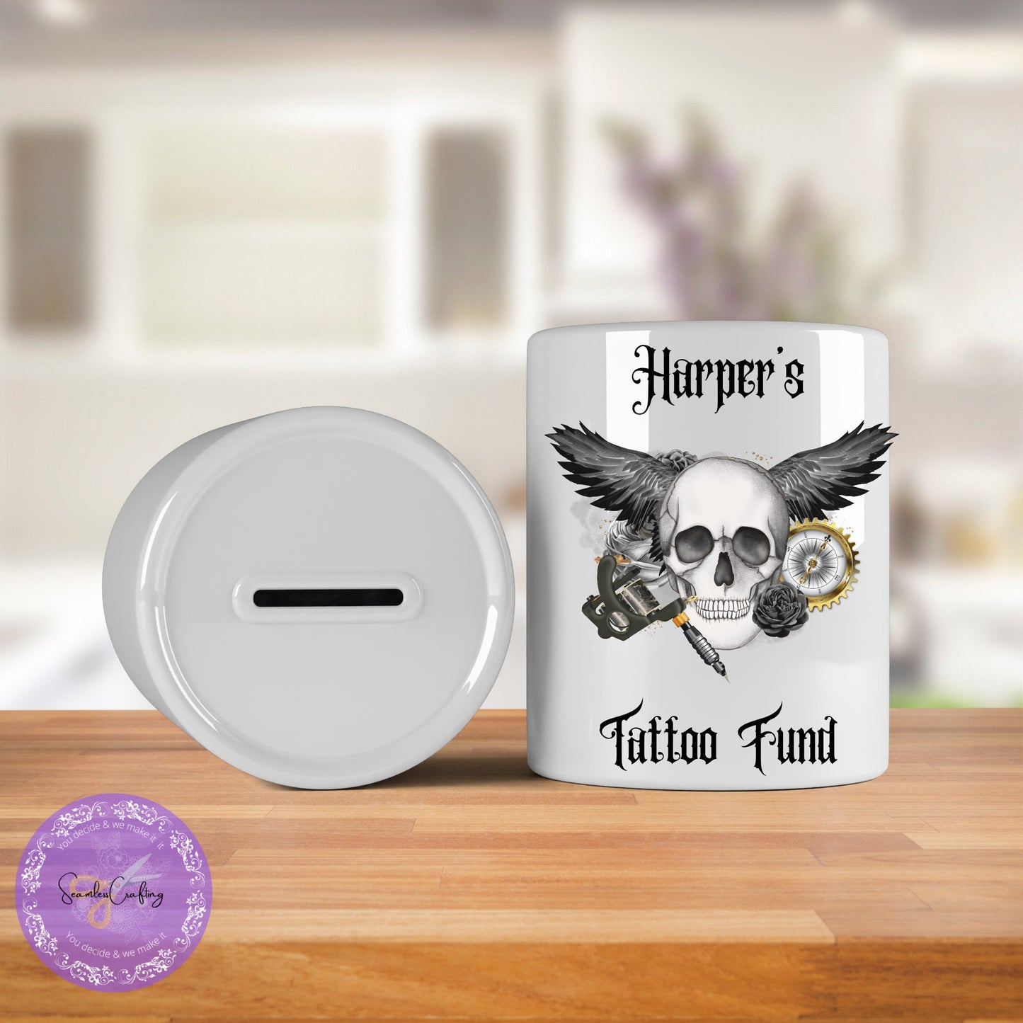 Personalised Tattoo Skull Ceramic Money Box, Tattoo Fund Jar, Tattoo Addict Lover Piggy bank, Gift for her, him, Customised Saving pot