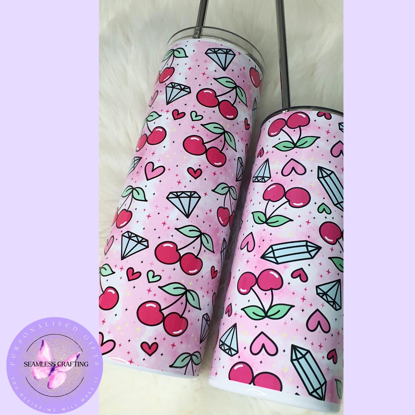 Custom-made cherry crystal tumbler, mug, reusable 20 oz,15 oz tumbler, matching mum-daughter present, cherry, crystal lover set
