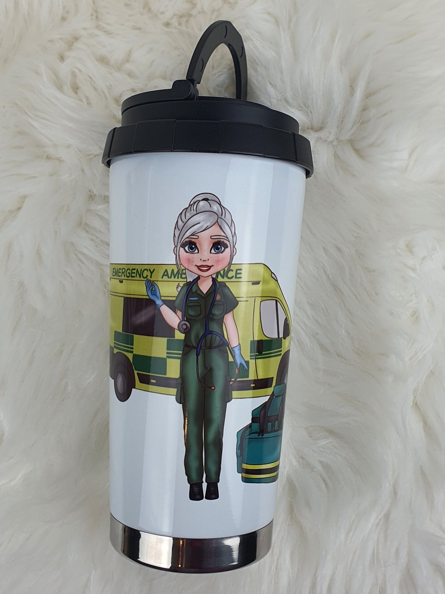 Personalised Paramedic Character Travel mug gift, First Responder, Gift for her, Stainless Steel Thermos, Paramedic Lady Technician uniform