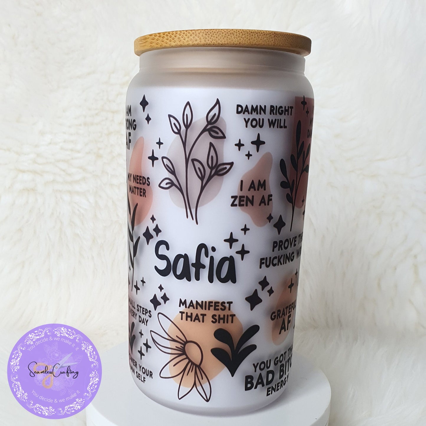 Personalised Sweary Daily Reminders Glass mug Cup, Mental Health Awareness, Positive affirmation self-love beer can Vulgar addition