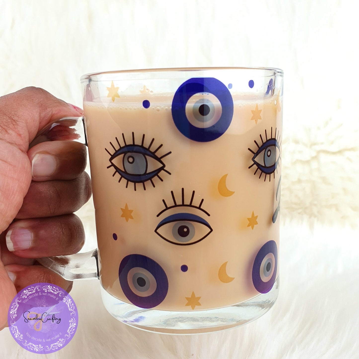 Personalised All-Seeing Eye Cup. Turkish Eye Protection, Spiritual Glass Cup Gift, Clear Glass mug Evil Eye Style, Nazar, Hot drinks