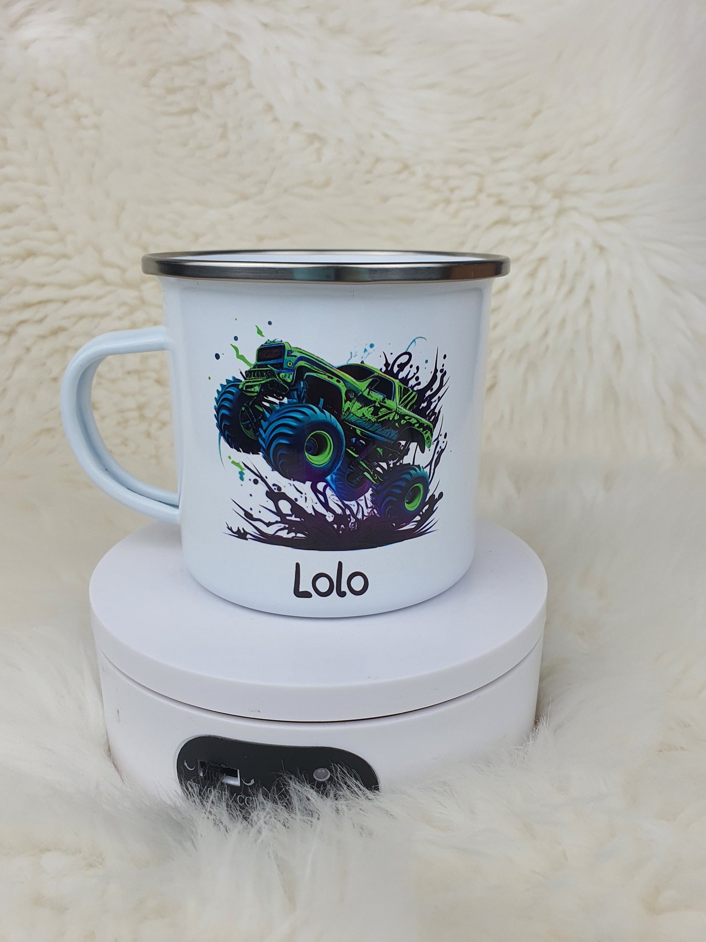 Personalised Enamel Mug Trex- Dinosaur Truck, Fire Engine Enamel Mug, Choice of Design, Personalise Name Mug, Gift For Kids