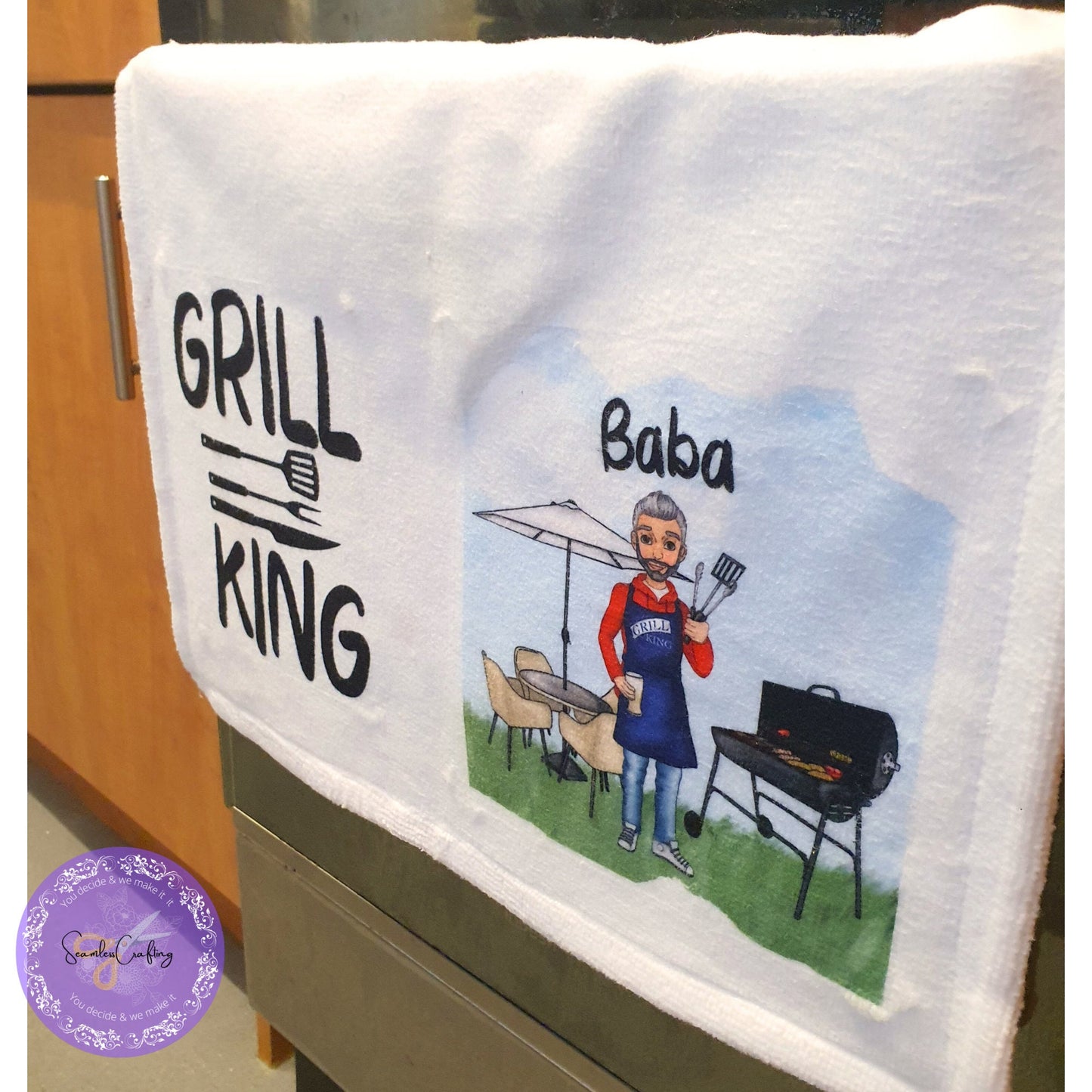Personalised Character Barbeque Grill King Character Tea towel, Dad Grandfather gift, BBQ kitchen towel, build your caricature, add any text