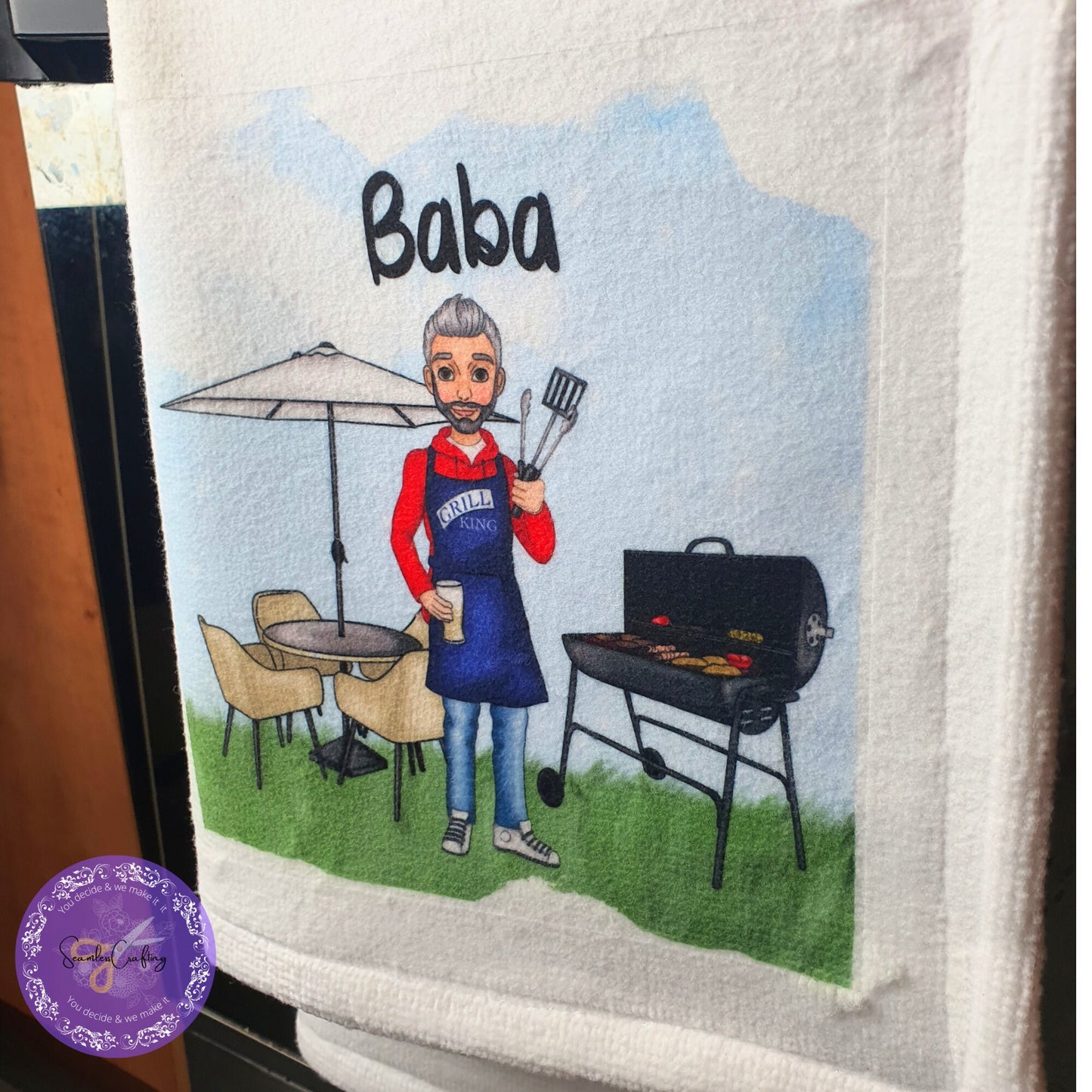 Personalised Character Barbeque Grill King Character Tea towel, Dad Grandfather gift, BBQ kitchen towel, build your caricature, add any text