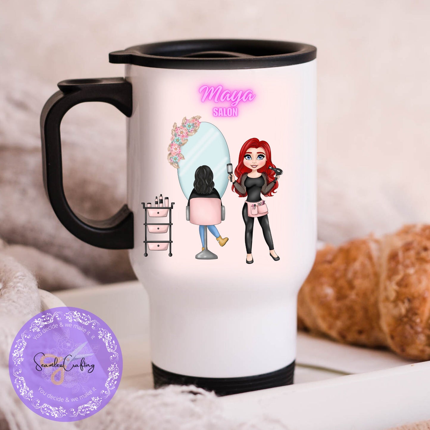 Personalised Hairdresser Mug, Caricature Travel Mug, Trainee Stylist Thermos, Newly Qualified Hairdresser Cup, Colour Stylist Gift