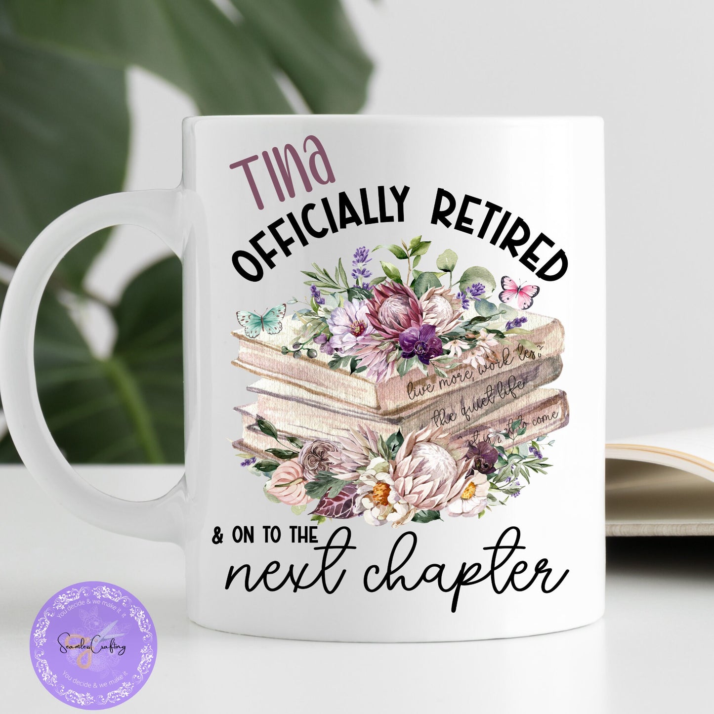 Personalised Officially Retired Retirement mug, Novelty mug, Retiree coffee mug, Officially retired & on to the next chapter, Stack of books