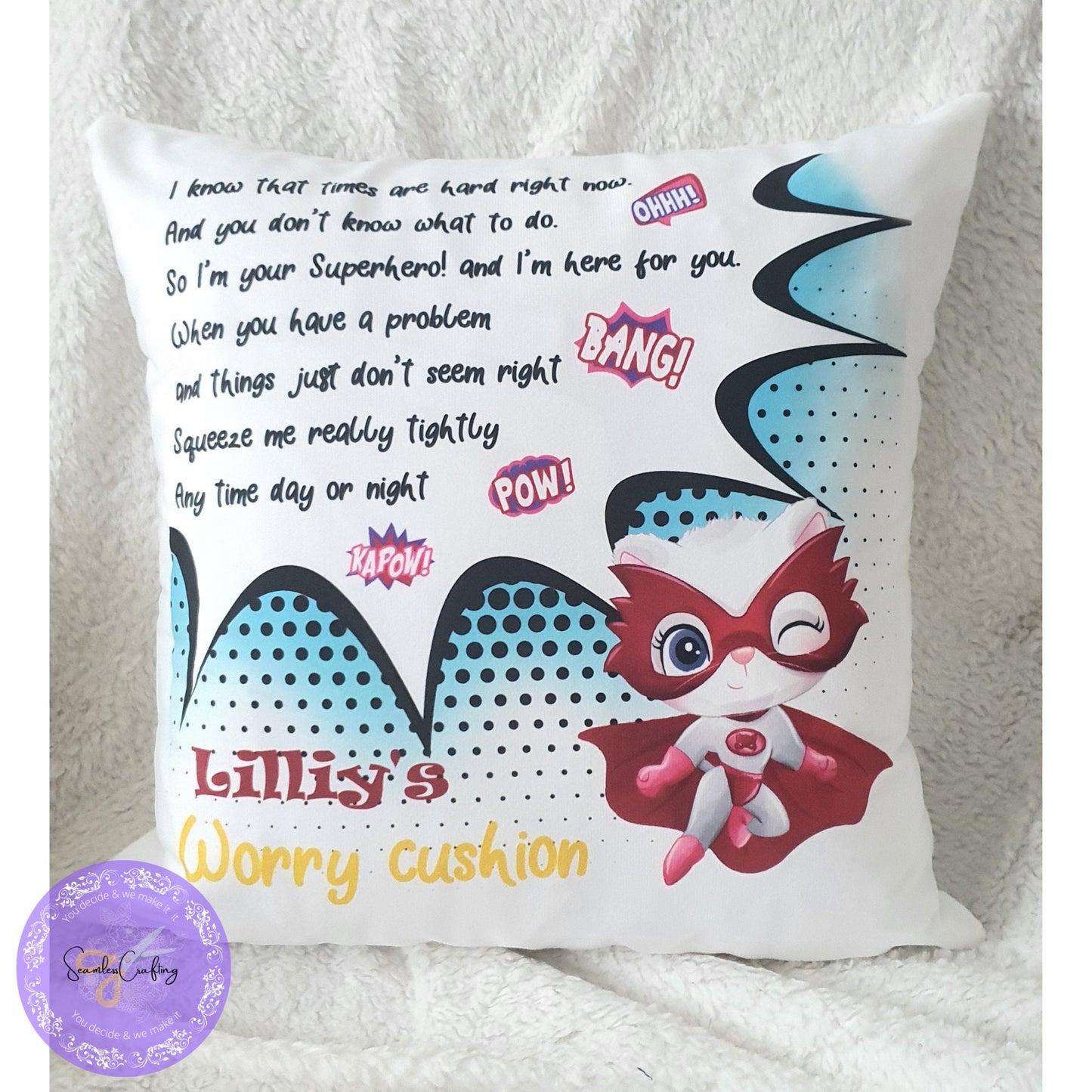 Personalised kids Superhero Cushion, Worry Comforter Soft pillow, Gift bedroom boys and girls, I know times are hard, Bad Dreams Comforter