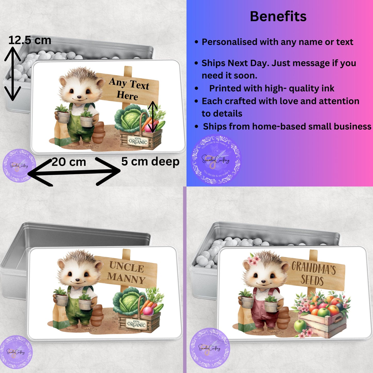 Personalised Hedgehog Gardening Seeds Tin, Garden Seed Storage, Add any name or text, Aluminium metal allotment keepsake, seed kit box