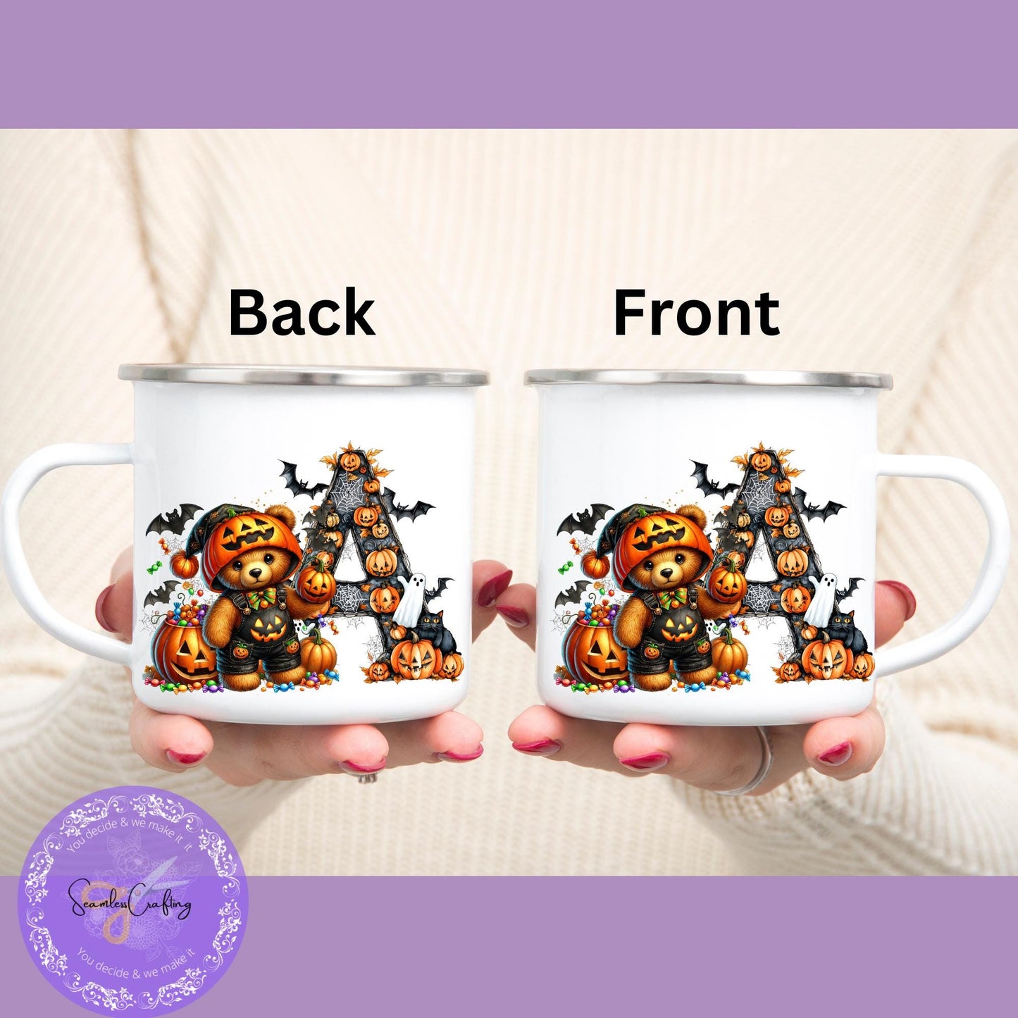 Personalised Halloween Alphabet letter enamel mug, Spooky teddy bear, Kids Halloween Boo, Movie night cup, Unbreakable mug for children