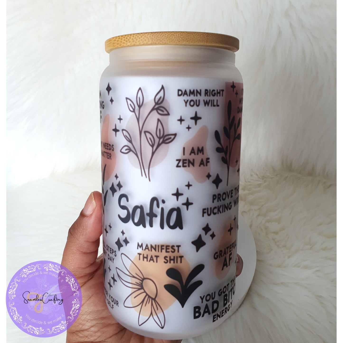 Personalised Sweary Daily Reminders Glass mug Cup, Mental Health Awareness, Positive affirmation self-love beer can Vulgar addition