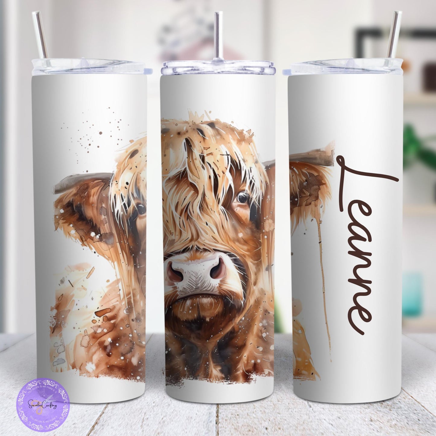 Personalised Highland Cow water Bottle - 20 oz Tumbler Gift, Cute Highland Coo Design, Stainless steel, Add any name thermal cup, fluffy coo