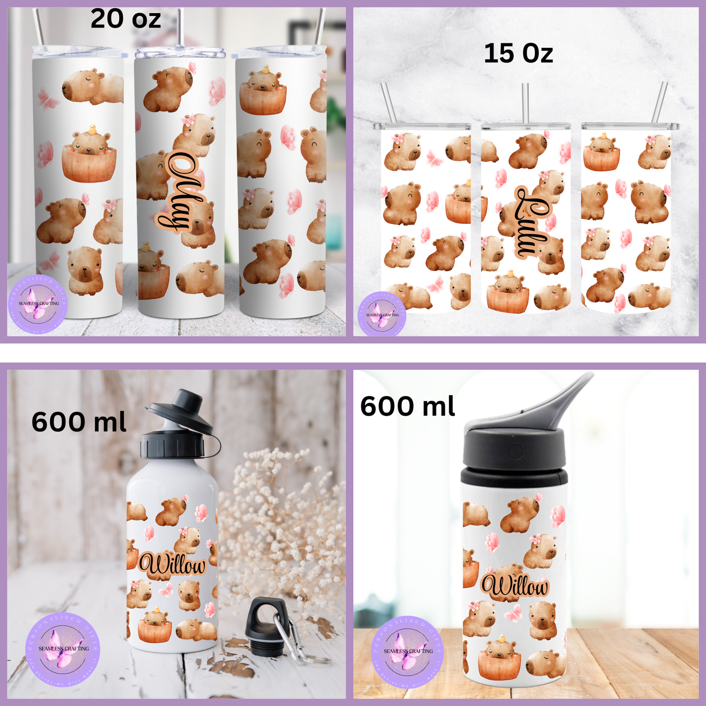 Personalised Capybara Water Bottle or Tumbler – Custom Name Chibi Animal Drinkware – 15oz / 20oz Stainless Steel or 600ml Bottle – Cute Gift for Capybara Lovers