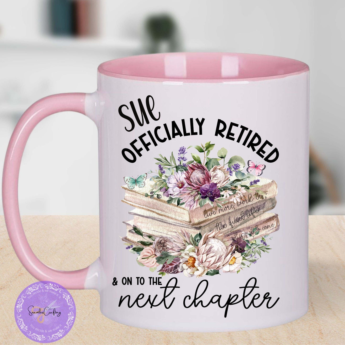 Personalised Officially Retired Retirement mug, Novelty mug, Retiree coffee mug, Officially retired & on to the next chapter, Stack of books