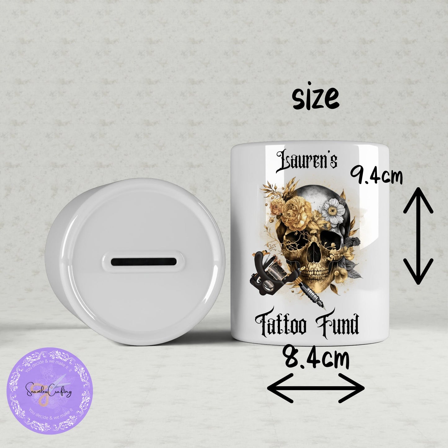 Personalised Tattoo Skull Ceramic Money Box, Tattoo Fund Jar, Tattoo Addict Lover Piggy bank, Gift for her, him, Customised Saving pot
