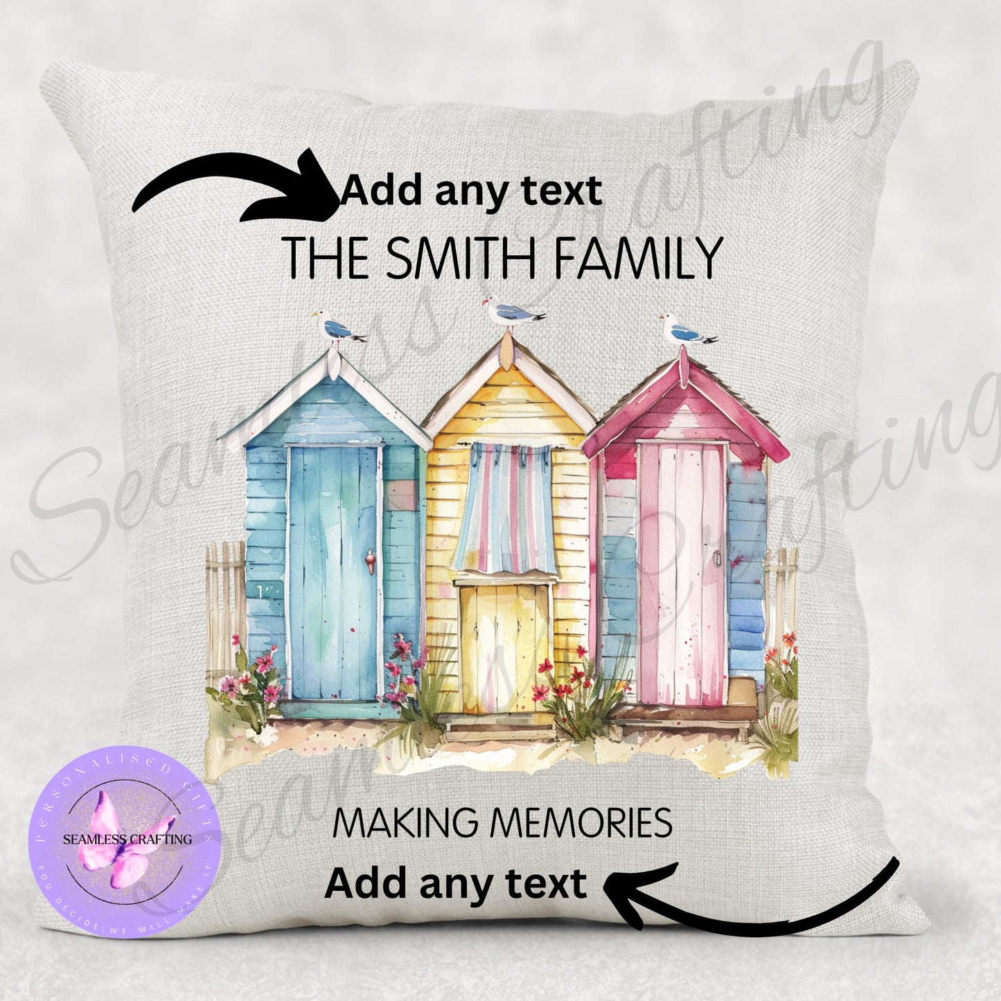 Personalised Beach Hut Gifts, Linen canvas Beach hut Cushion, Summer hut travel mug, ceramic cup, Nautical present, gift for her,him