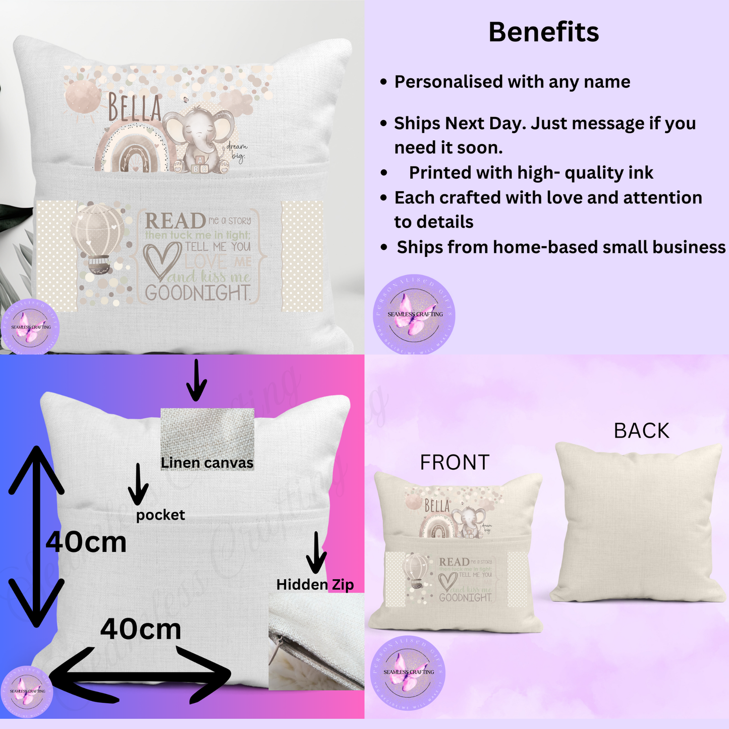 Personalised Girls Reading Cushion – Custom Name Book Pillow with Pocket – Elephant Storytime Cushion for Kids Bedroom