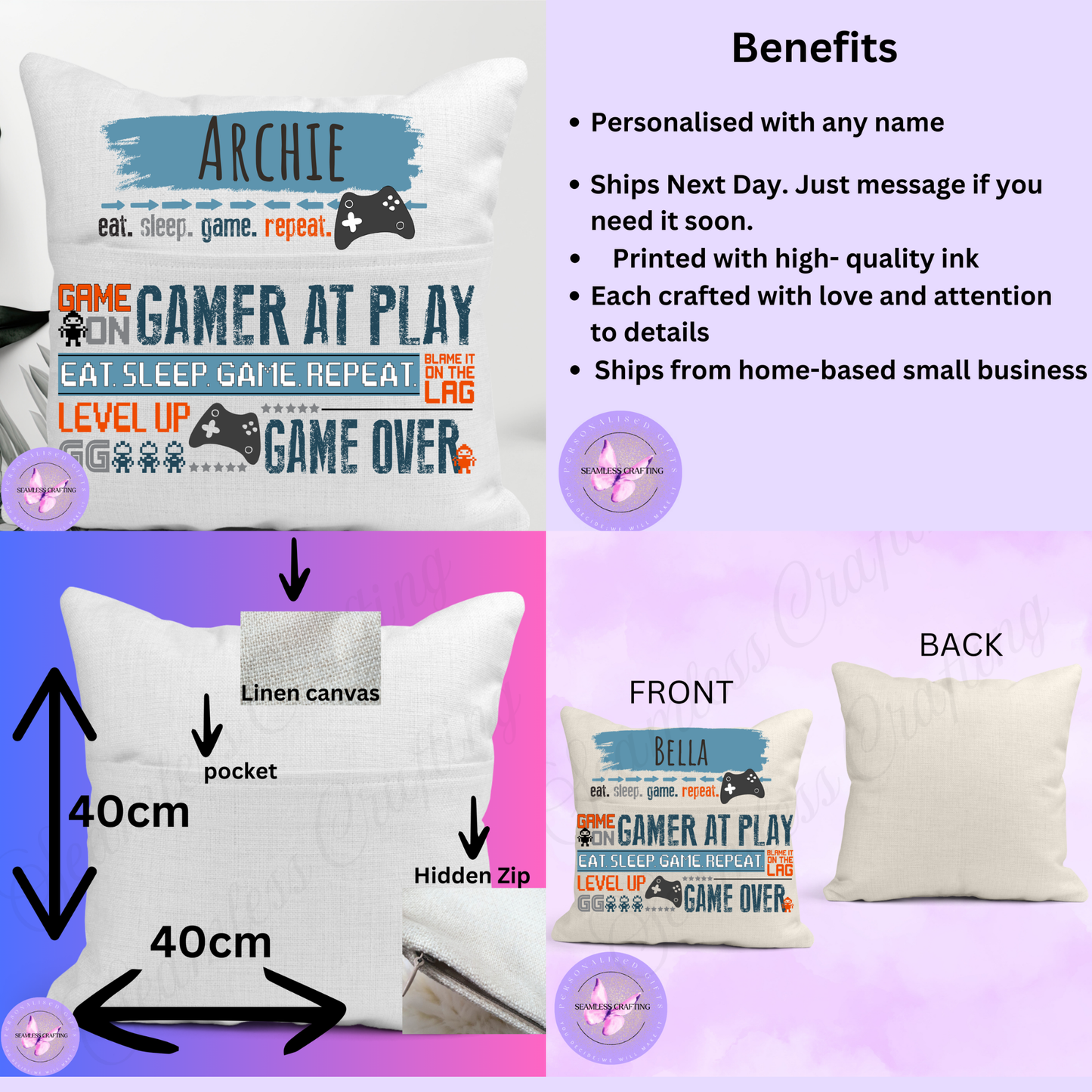 Personalised Gamer Reading Cushion – Custom Name Gaming Pillow with Pocket – Video Game Cushion for Kids and Teens