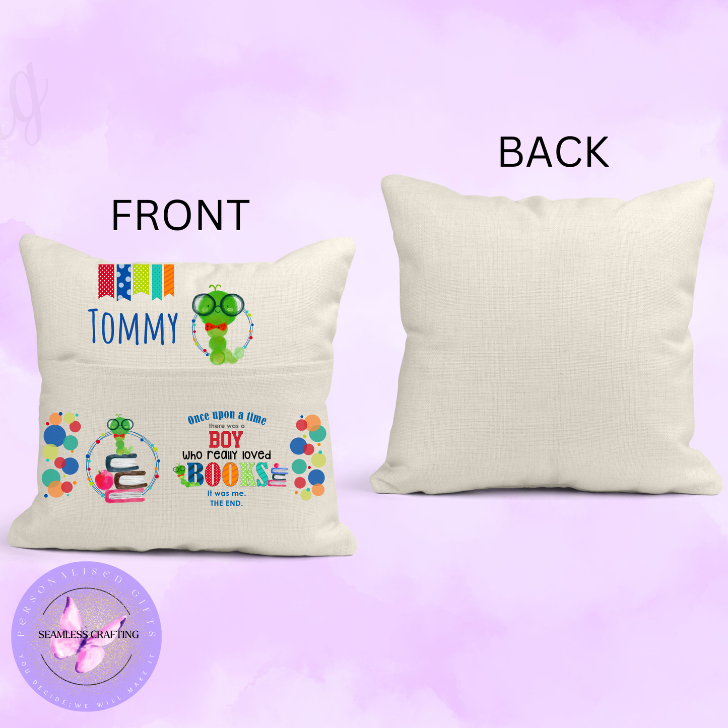 Personalised Boys Reading Cushion – Custom Name Book Pillow with Pocket – Storytime Cushion for Kids Bedroom
