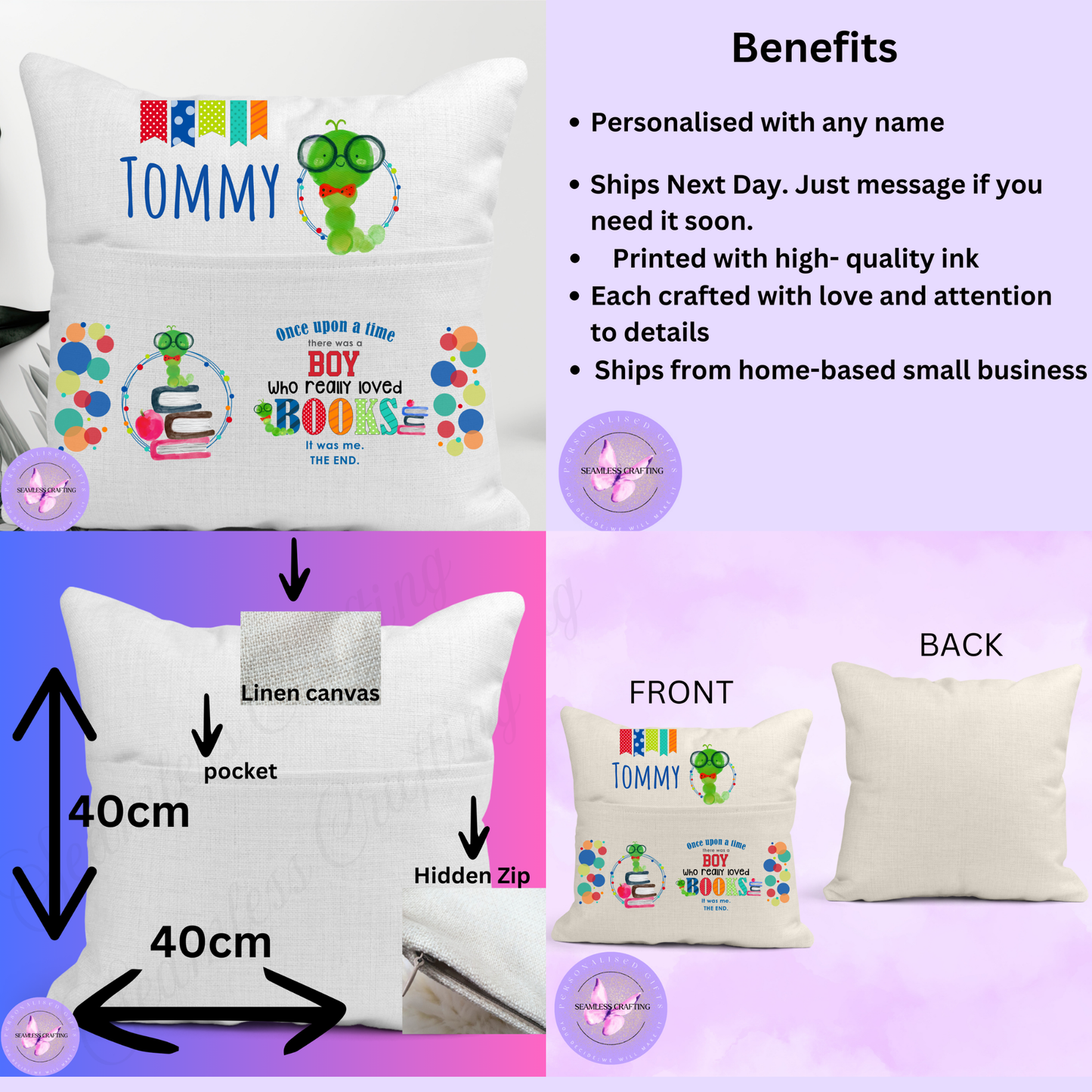 Personalised Boys Reading Cushion – Custom Name Book Pillow with Pocket – Storytime Cushion for Kids Bedroom