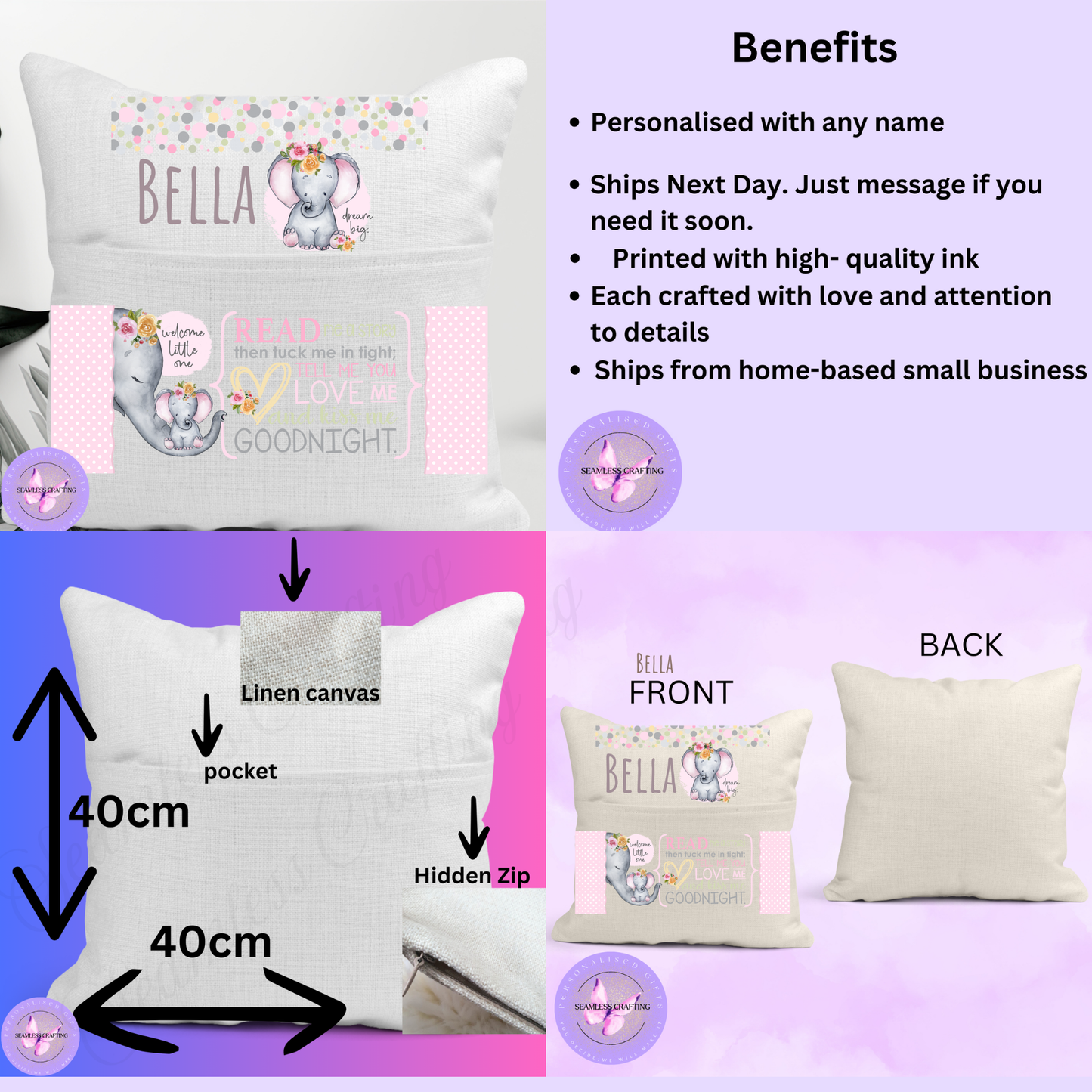 Personalised Girls Reading Cushion – Custom Name Elephant Pillow with Pocket – Storytime Cushion for Kids Bedroom
