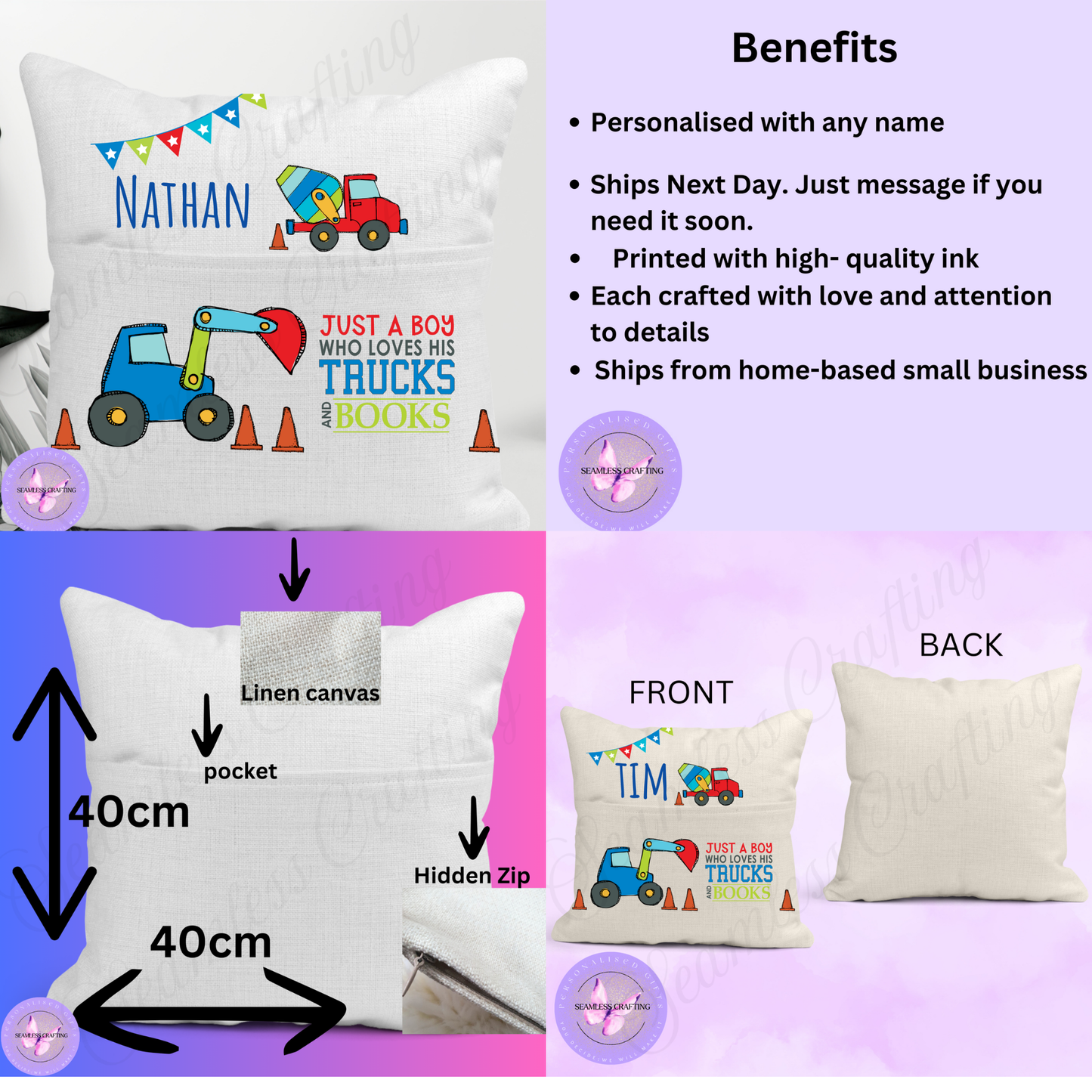 Personalised Boys Reading Cushion – Custom Name Trucks and Books Pillow with Pocket – Storytime Cushion for Kids Bedroom