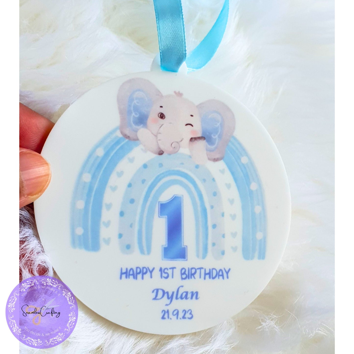 Personalised 1st Birthday plaque, Cute elephant birthday ornament, Keepsake plaque for boy or girl, Acrylic birthday ornament gift with bag
