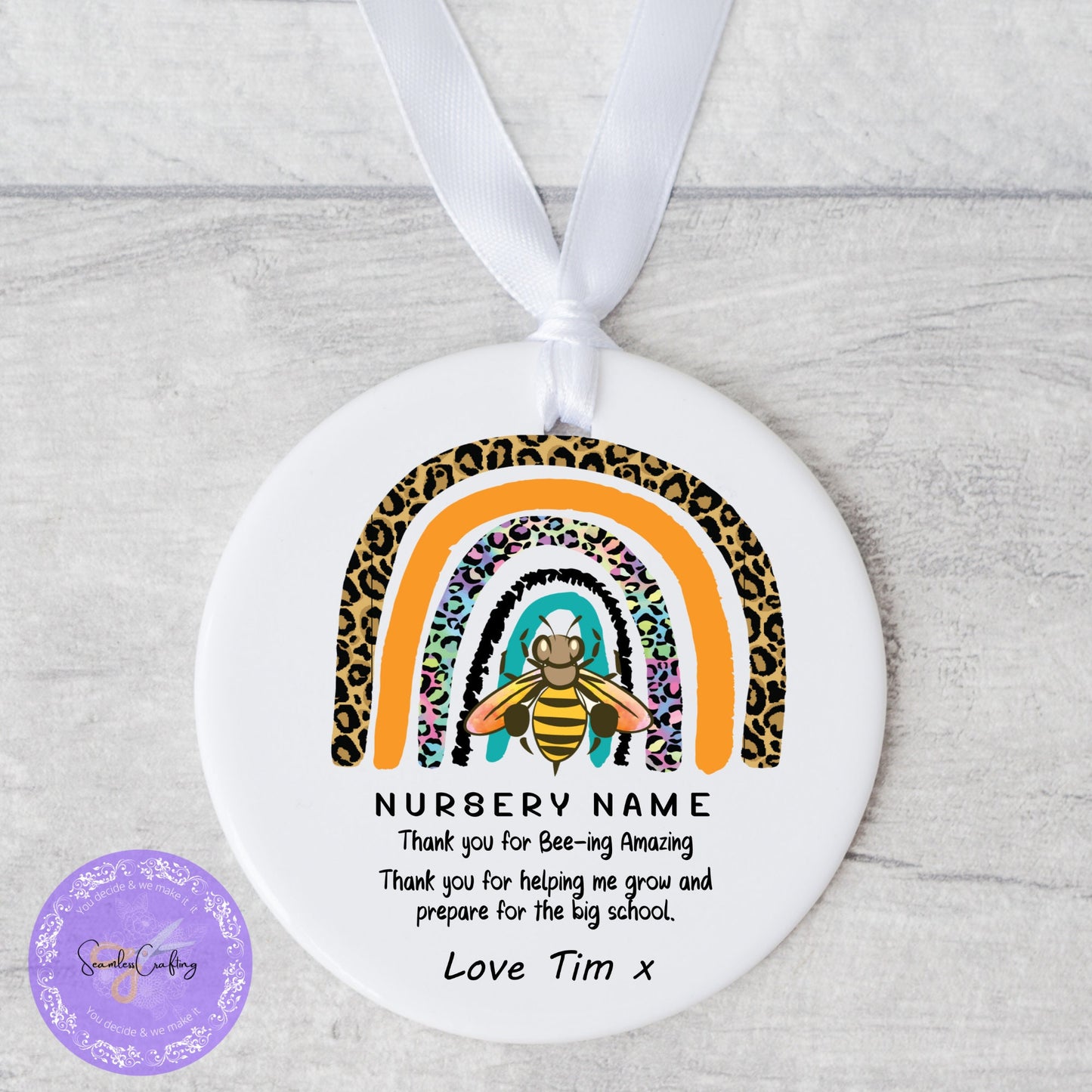 Peronalised Bee Rainbow Nursery teacher, practitioner hanging keepsake plaque, Thank you keepsake gift, childminders ornament gift