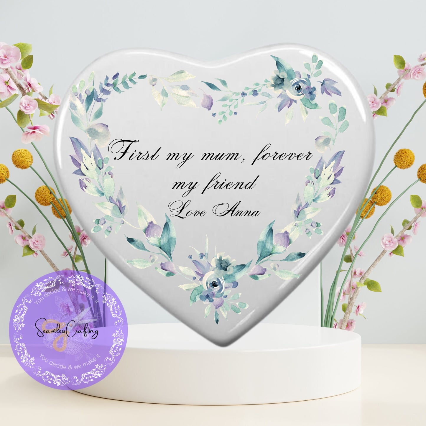 Personalised Heart ceramic tile with free plastic Stand easel, Display heart ornament for Mother, ' First my mum, forever my friend