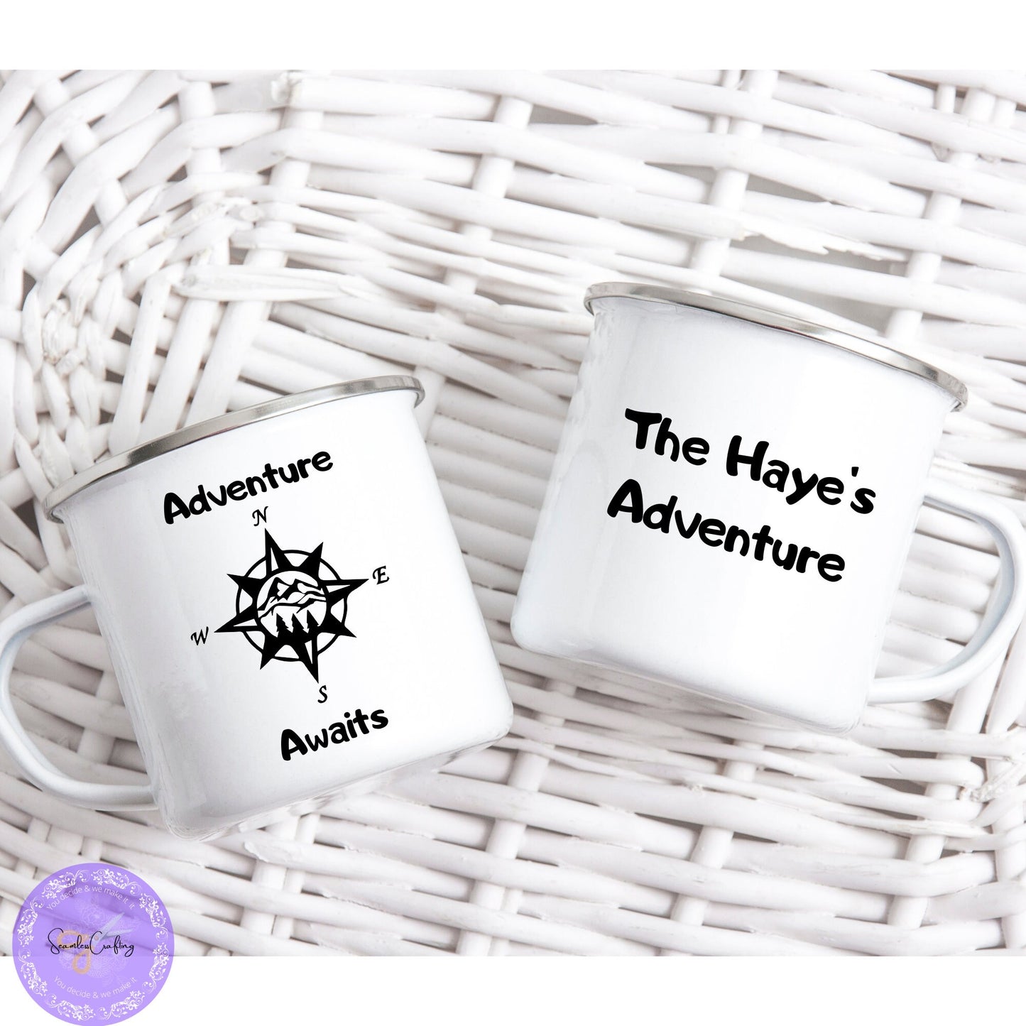 Personlised Adventure Awaits Enamel Mug, Enamel Camping Mug, Campass Camping Mug, Family Camping Gift, Gift For Campervan Lover, Campinglife
