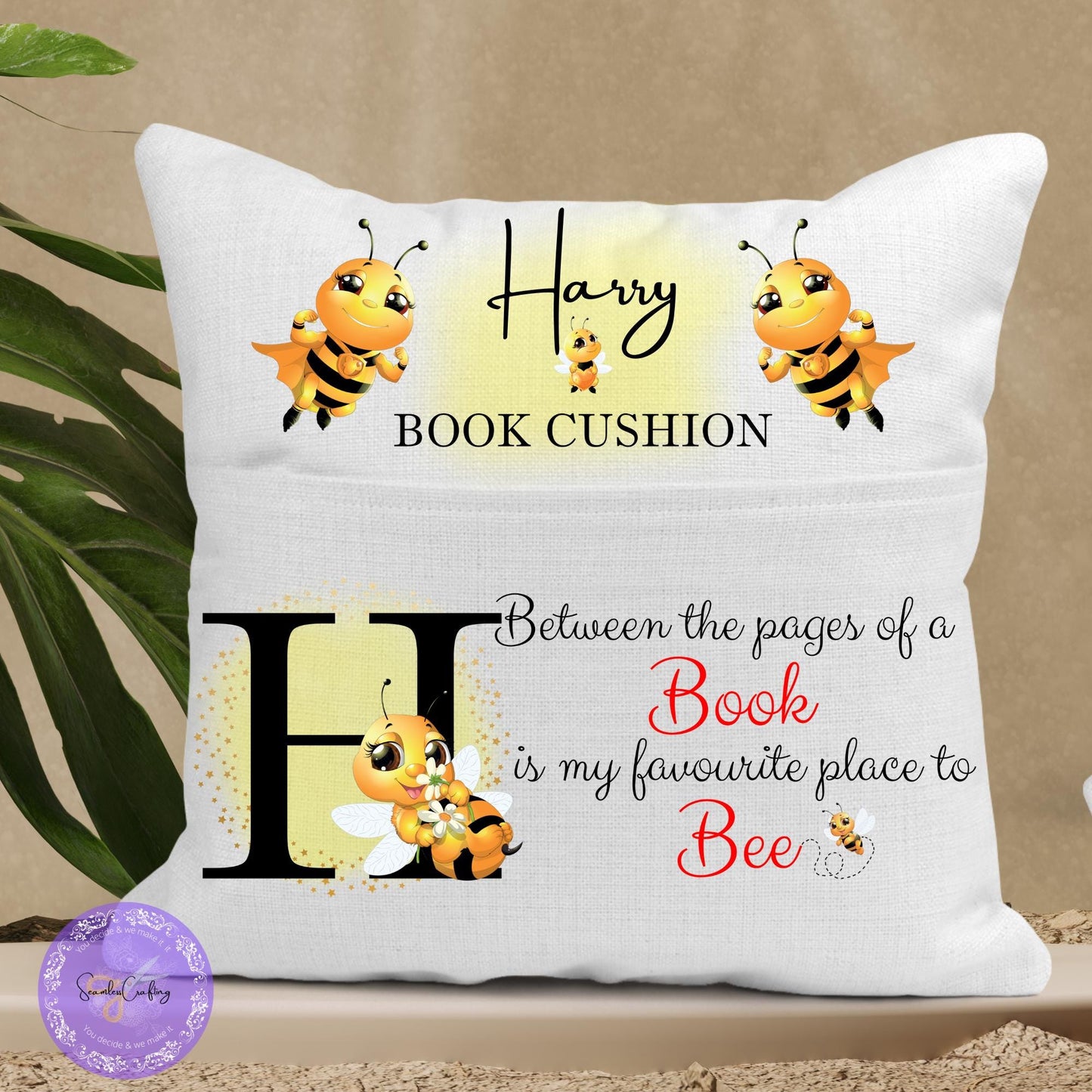 Personalised Bee Reading Cushion, Storytime Pillow, Reading Pocket cushion, Bedroom nursery decor, Booklover gifts, Canvas Linen Cushion