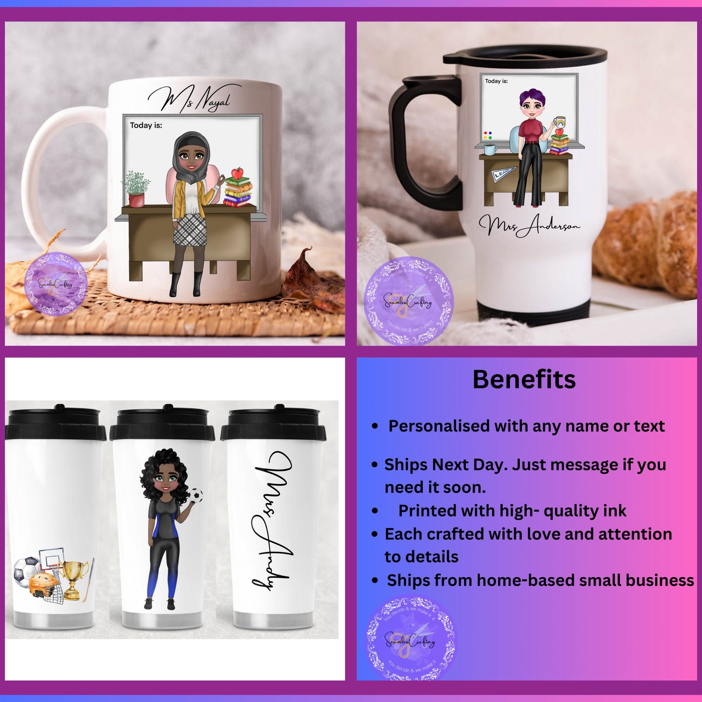 Personalised Female teacher Caricature, Character Coffee mug, End of School present, New Teacher, build your character, Thermal cup TA gift