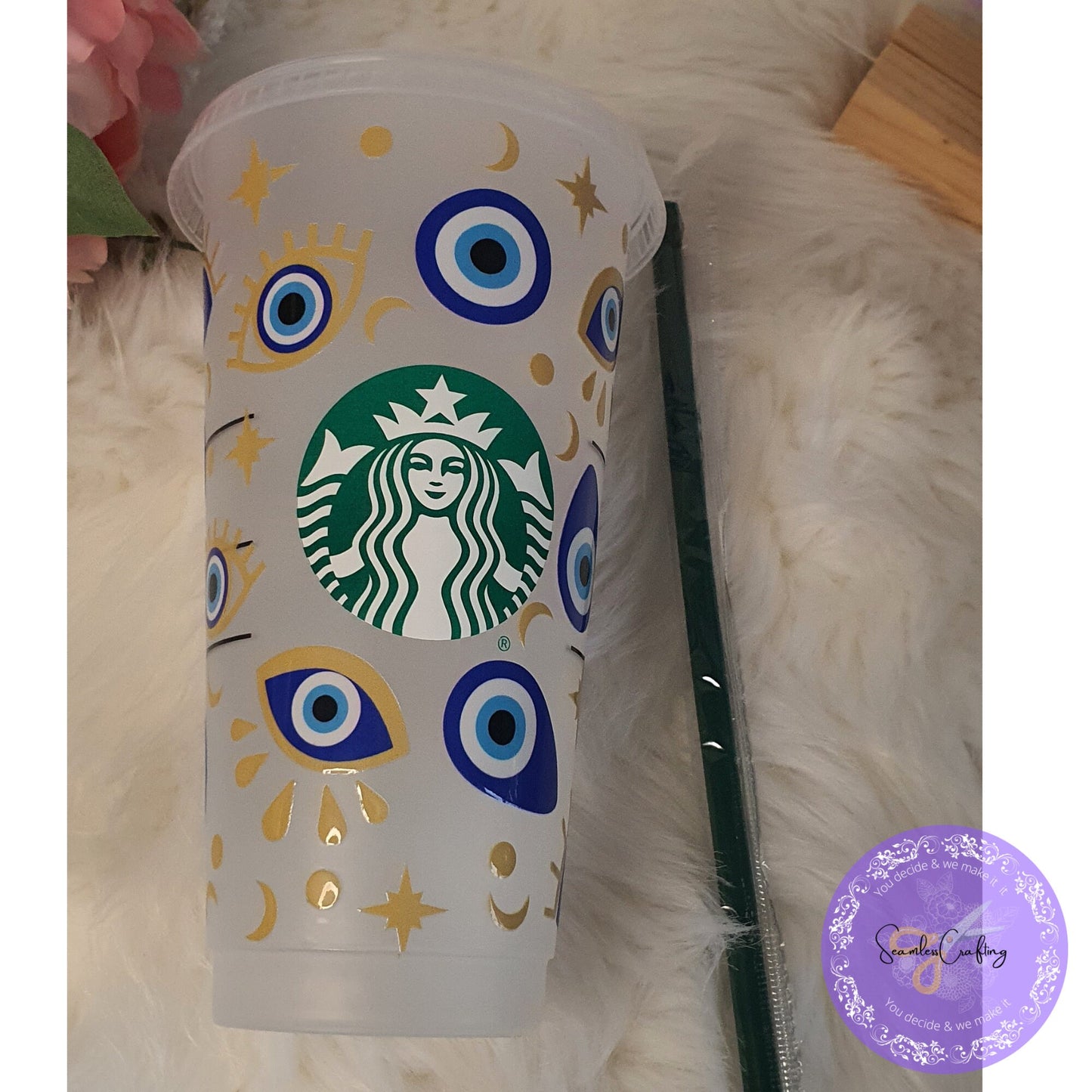 EVIL EYE, Personalised All-Seeing Eye Cup. Turkish Eye Protection, Spiritual 24 oz Cup Gift, cold cup Evil Eye Style with Straw
