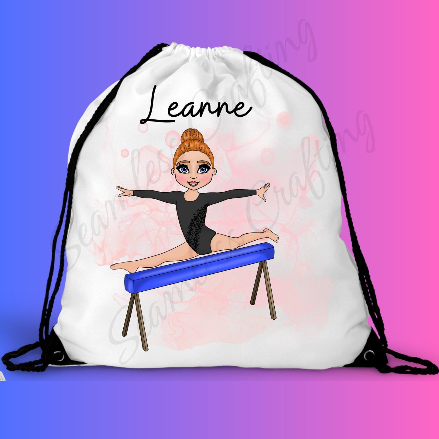 Personalised Beam Gymnast girl water bottle, Stainless steel tumbler, 21 Leotard choice of colours, back to school, caricature drawstring PE