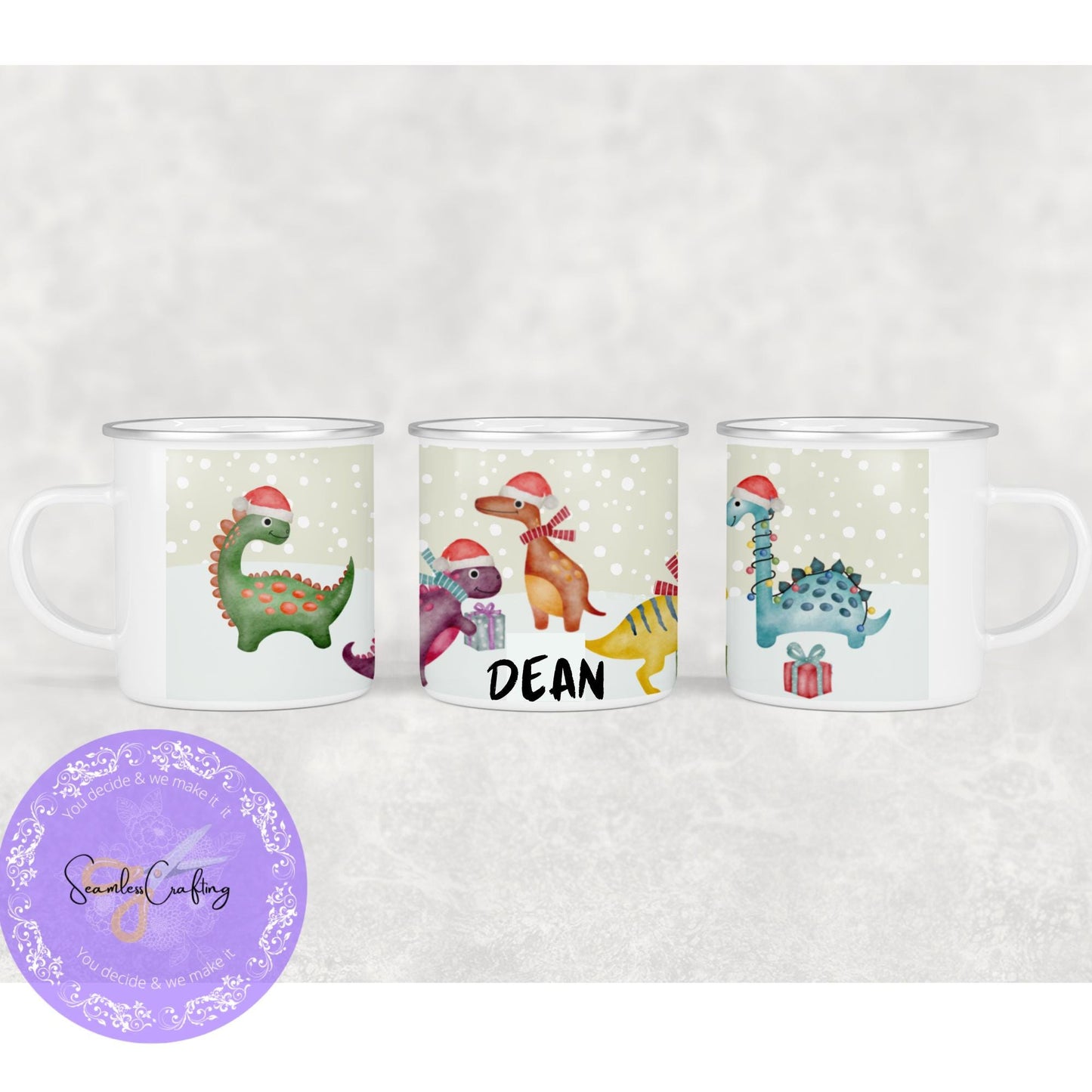 Personalised Christmas Dinosaur, Unicorn children's mugs, 6oz ceramic, 12 enamel cups, movie night, Stock fillers. Add any name