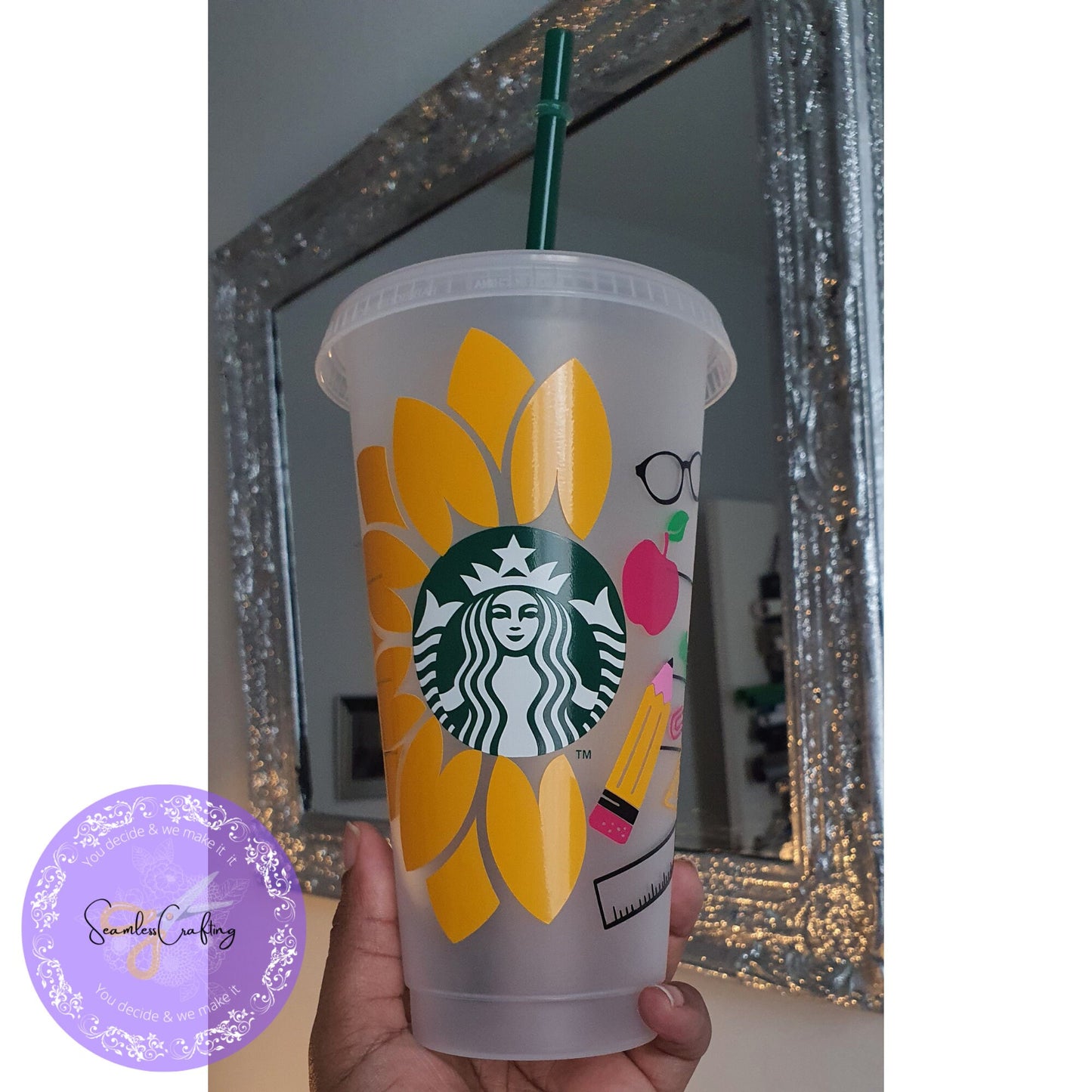 Personalised Starbucks Sunflower Cup, Teacher Pencil Apple Cup, Large Cold Cup 24 0z Cup size, Starbuck Cup with name, Reusable Gift Cup