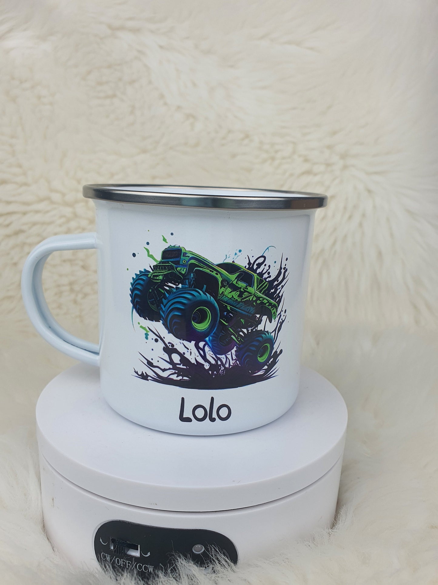 Personalised Enamel Mug Trex- Dinosaur Truck, Fire Engine Enamel Mug, Choice of Design, Personalise Name Mug, Gift For Kids