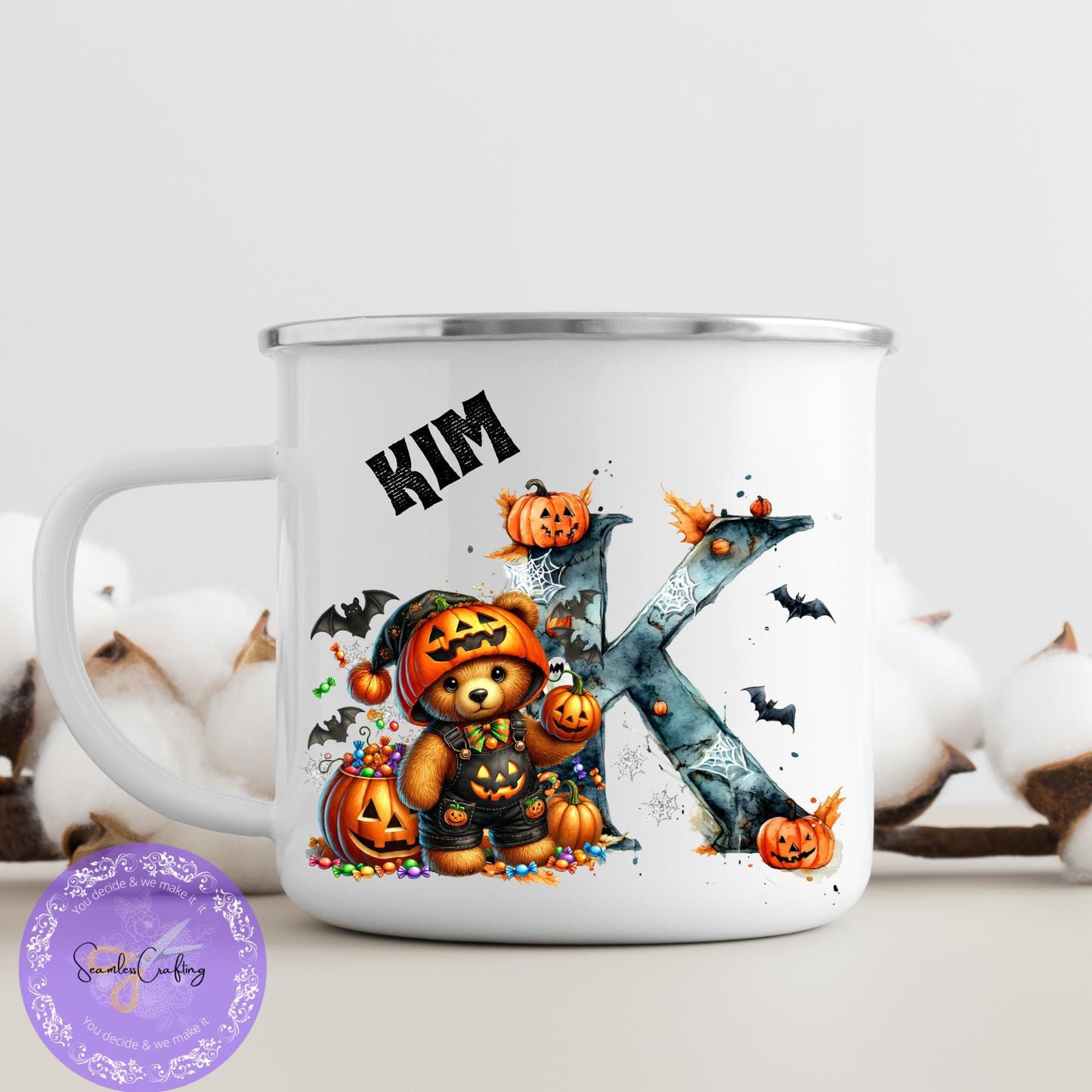 Personalised Halloween Alphabet letter enamel mug, Spooky teddy bear, Kids Halloween Boo, Movie night cup, Unbreakable mug for children