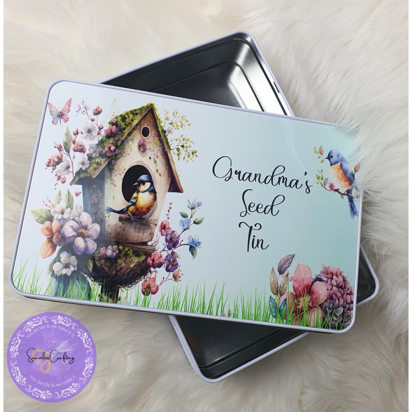 Personalised Bird Seed Tin, Novelty Metal Tin, add any text, Seed Storage, Gift for Her, him, Gardening Gift, Aluminium Tin, Bird Lover Gift