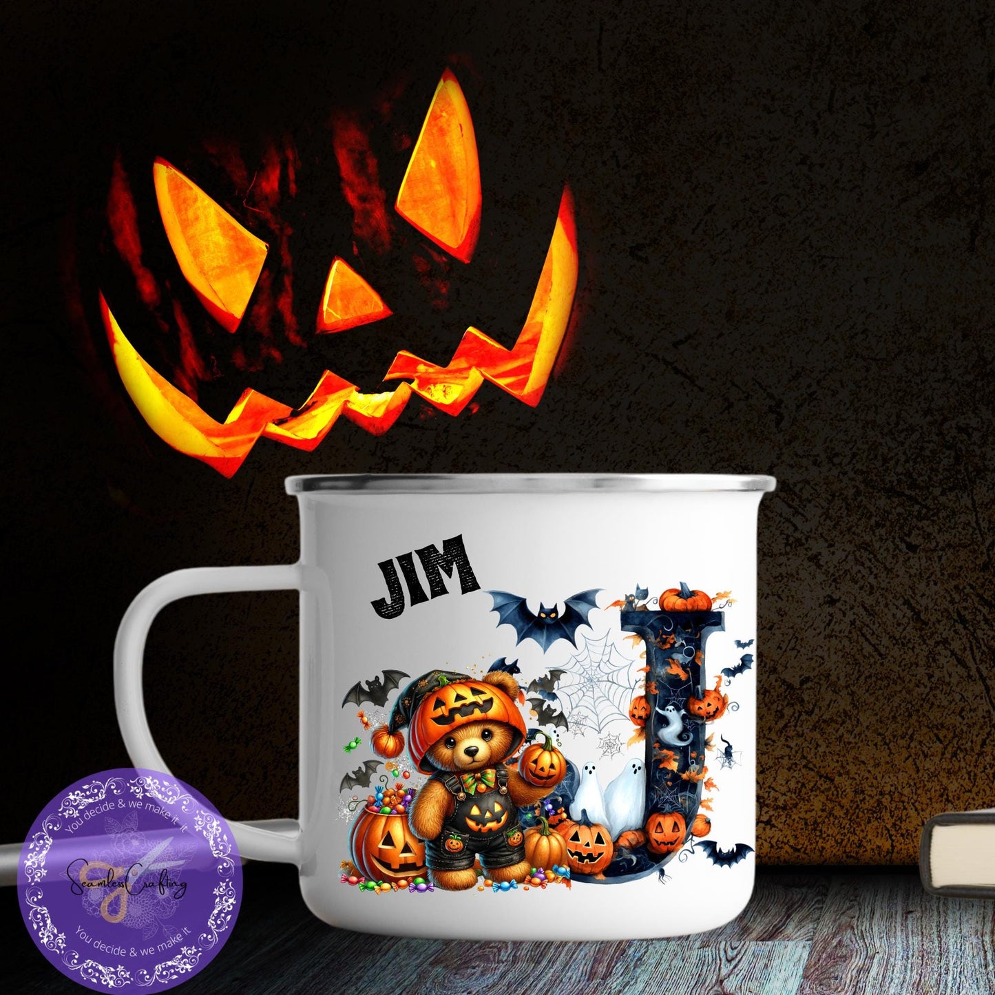 Personalised Halloween Alphabet letter enamel mug, Spooky teddy bear, Kids Halloween Boo, Movie night cup, Unbreakable mug for children
