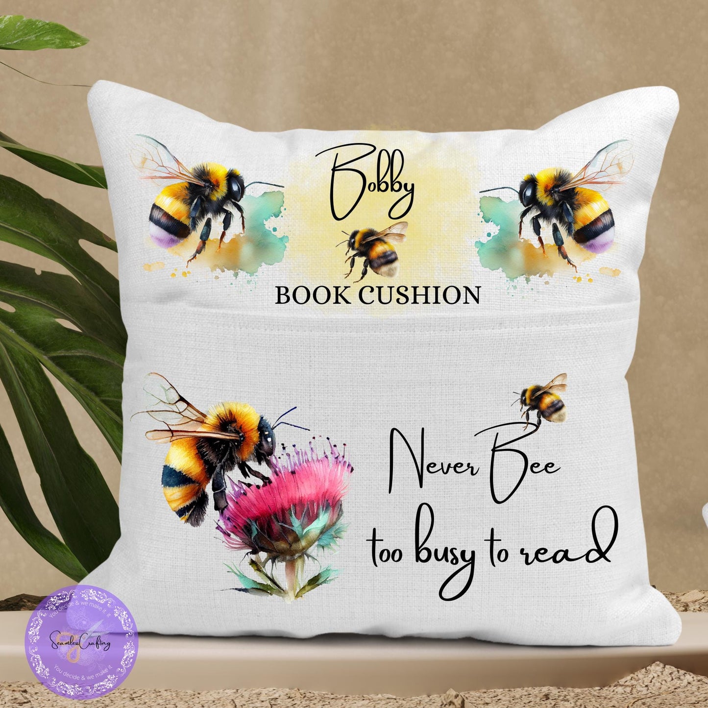 Personalised Adult Bee Reading Cushion, Storytime Pillow, Reading Pocket cushion, Bedroom, Booklover gifts, Canvas Linen Cushion, Floral bee