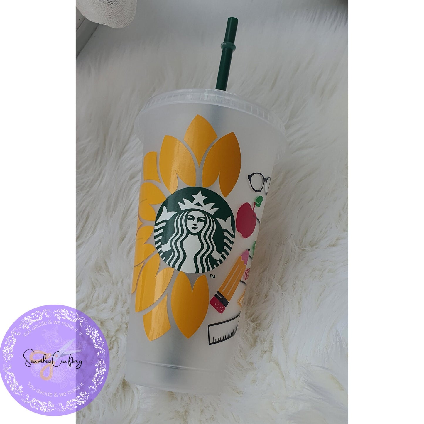 Personalised Starbucks Sunflower Cup, Teacher Pencil Apple Cup, Large Cold Cup 24 0z Cup size, Starbuck Cup with name, Reusable Gift Cup