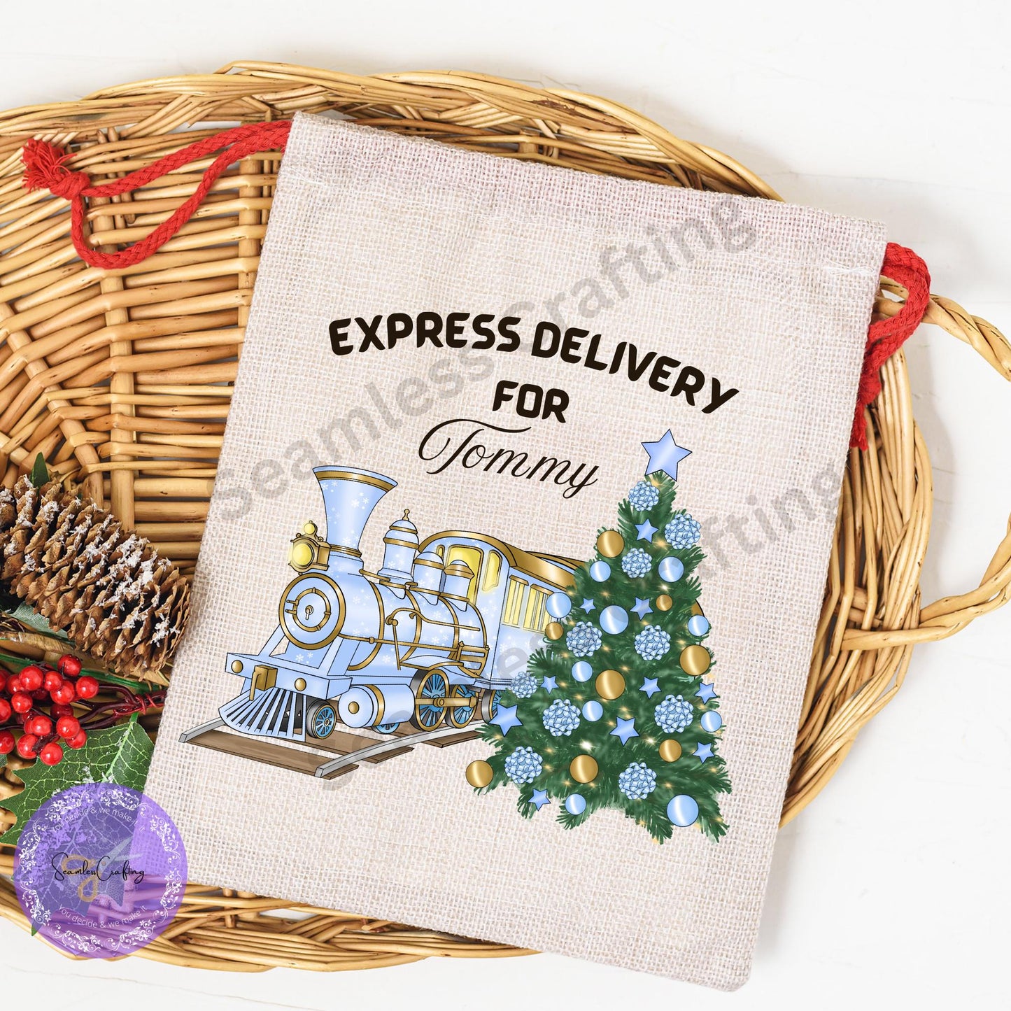 Personalised Santa Sack, Express Delivery bag, Add any name, Thick linen canvas, Drawstring Toys bag, Christmas Eve bag, Gifts for children