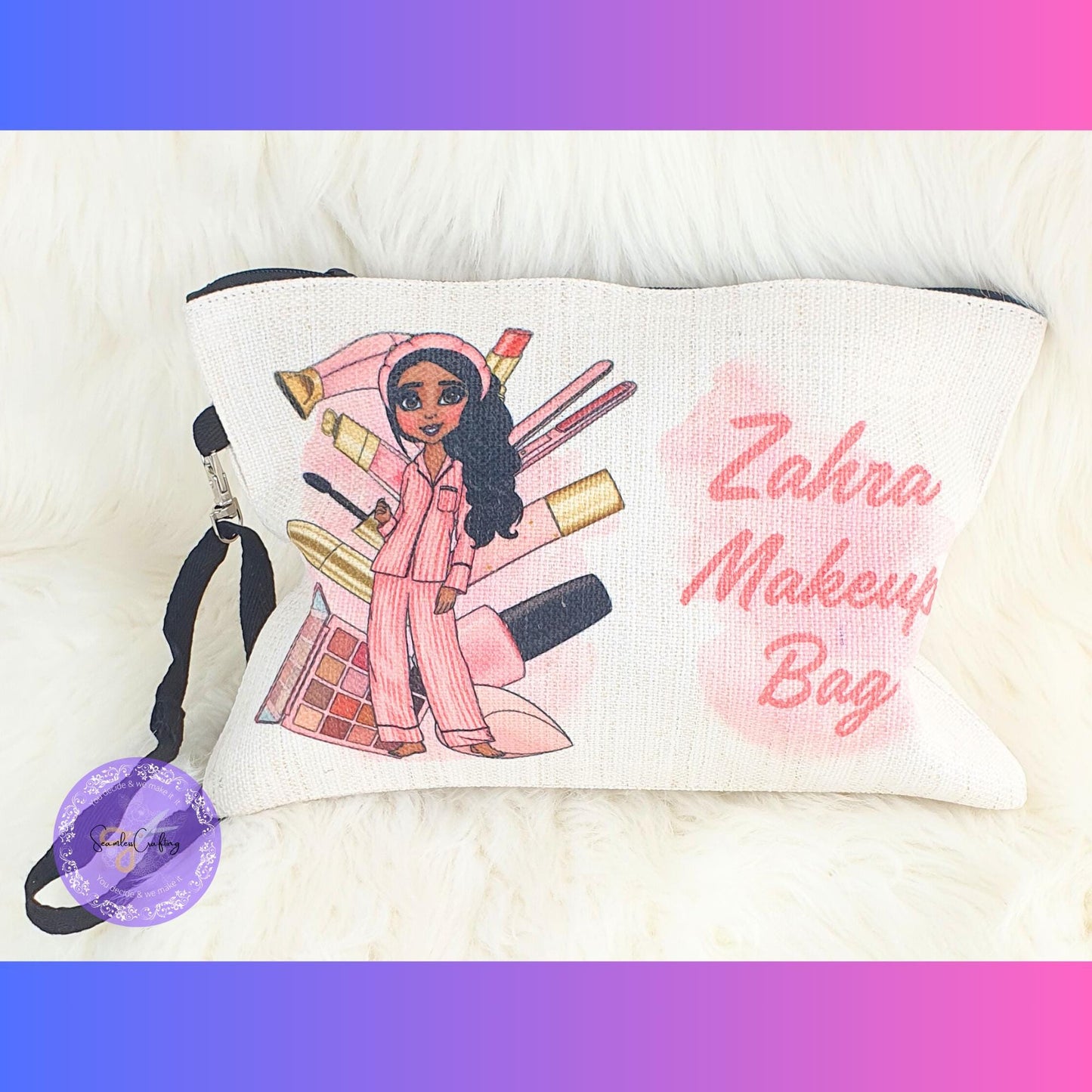 Personalised Makeup Character Girl Linen Pouch, Toiletry bag, Makeup brush holder, Brushes Storage, Custom Pink Doll, Birthday gift for her