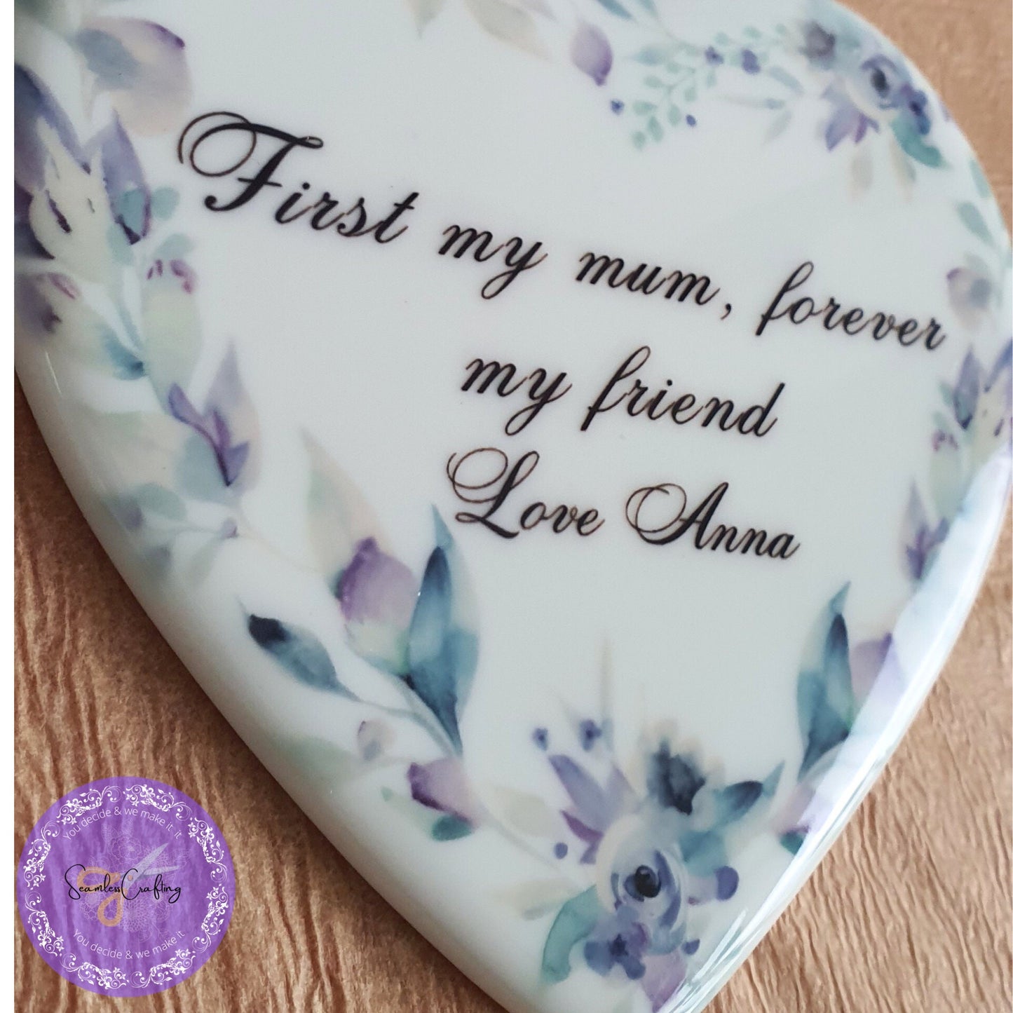 Personalised Heart ceramic tile with free plastic Stand easel, Display heart ornament for Mother, ' First my mum, forever my friend