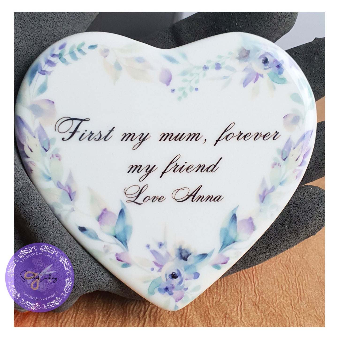 Personalised Heart ceramic tile with free plastic Stand easel, Display heart ornament for Mother, ' First my mum, forever my friend