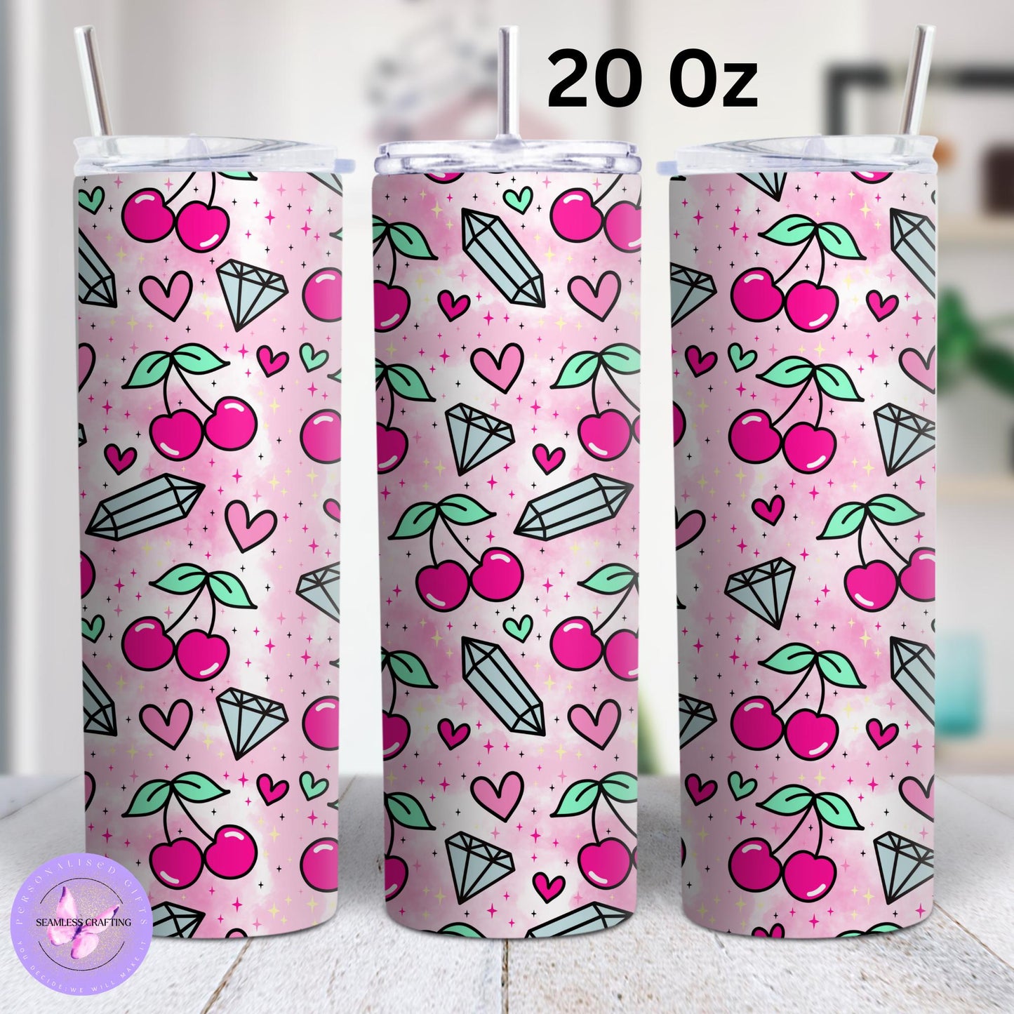 Custom-made cherry crystal tumbler, mug, reusable 20 oz,15 oz tumbler, matching mum-daughter present, cherry, crystal lover set