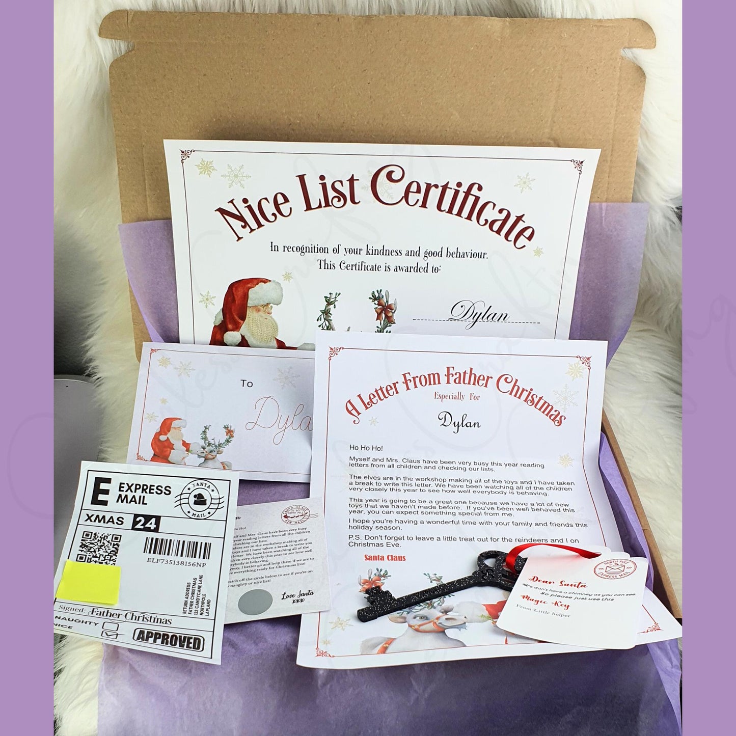 Personalised Santa nice list certificates, Scratch & reveal card letter from Father Christmas, Sant Key, Santa Shipping label QR code Bundle