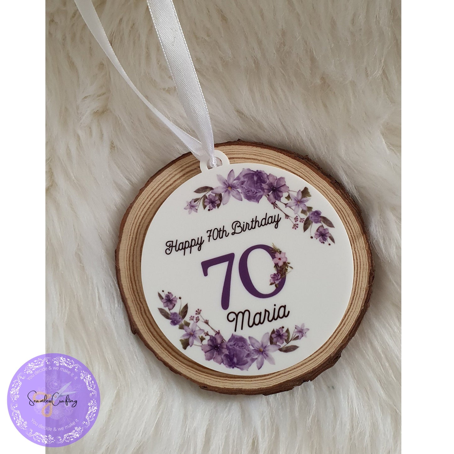 Personalised Milestone Birthday Hanging Acrylic ornament & Mug, Any age Purple flowers Plague, Gift For Her, 18th, 50th Birthday Keepsake