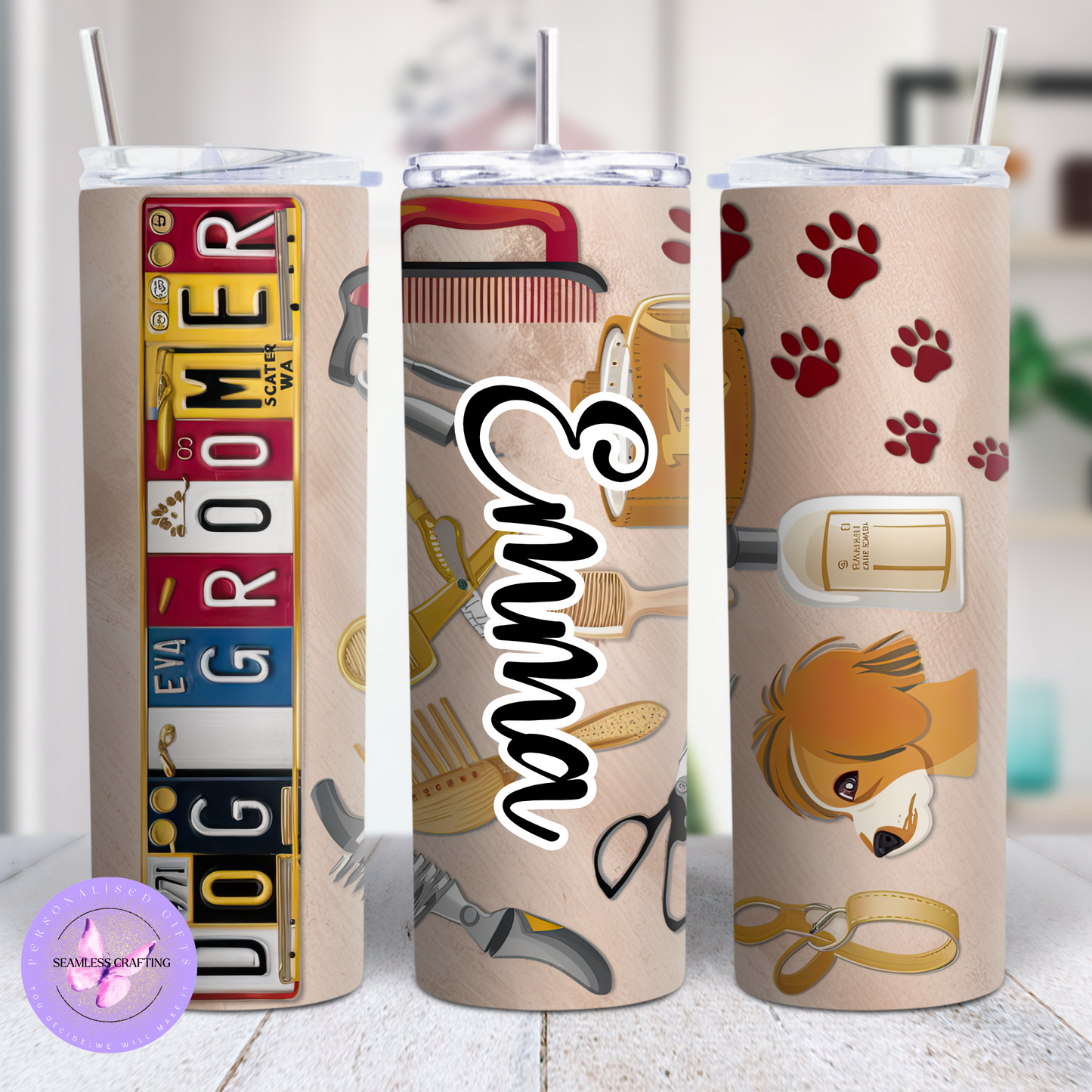 Personalised Dog Groomer Tumbler – 20oz Skinny Stainless Steel Cup with Straw – Custom Name Pet Groomer Gift